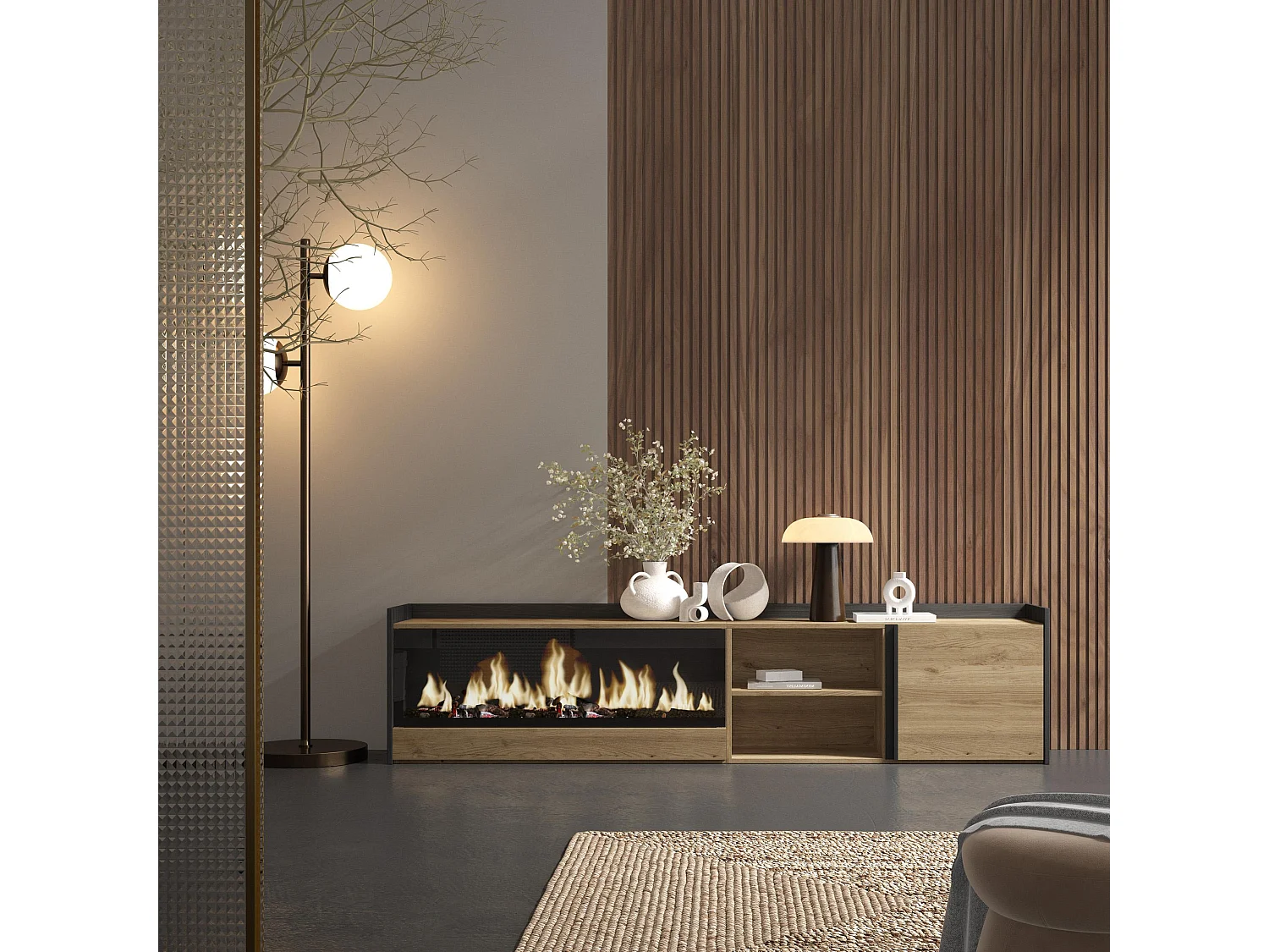 Móvel de TV, 212x50x35 cm, Para televisores até 80", Lareira eléctrica XXL, Carvalho e preto