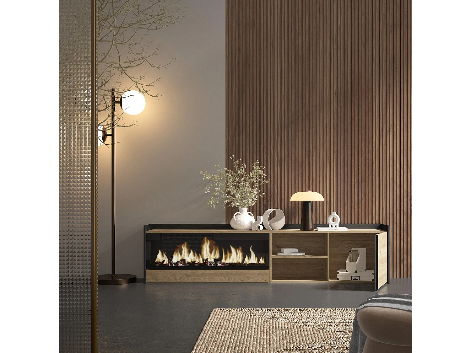 Móvel de TV, 212x50x35 cm, Para televisores até 80", Lareira eléctrica XXL, Carvalho e preto