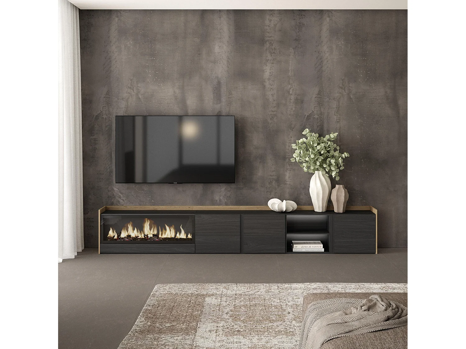 TV-Schrank, Lowboard, 315x50x35 cm, Für TV-Geräte bis zu 80", Elektrokamin XXL, LED, Schwarz Eiche