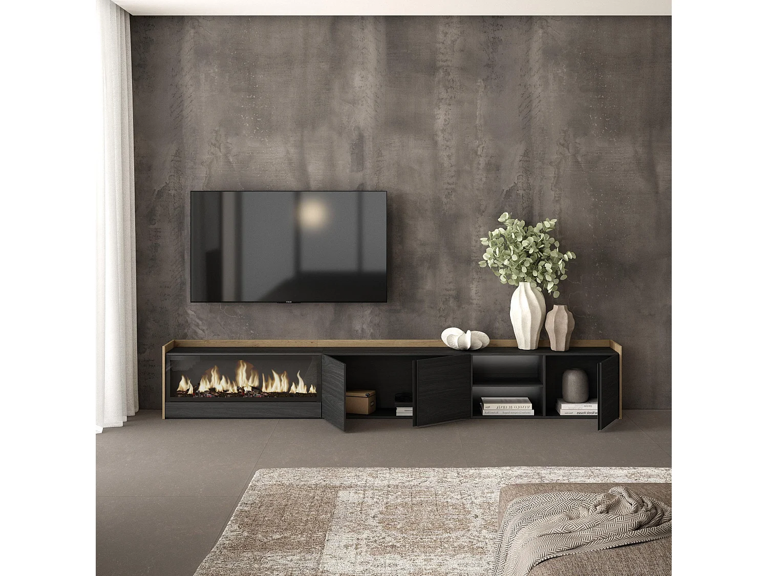 TV-Schrank, Lowboard, 315x50x35 cm, Für TV-Geräte bis zu 80", Elektrokamin XXL, LED, Schwarz Eiche