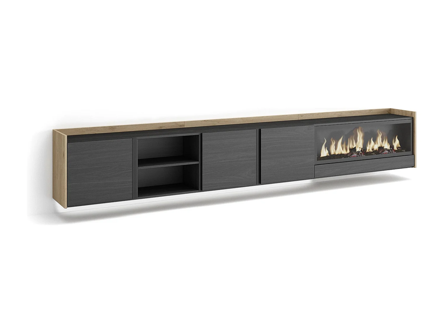 TV-Schrank, Lowboard, 315x50x35 cm, Für TV-Geräte bis zu 80", Elektrokamin XXL, Hängend, LED, Schwarz Eiche