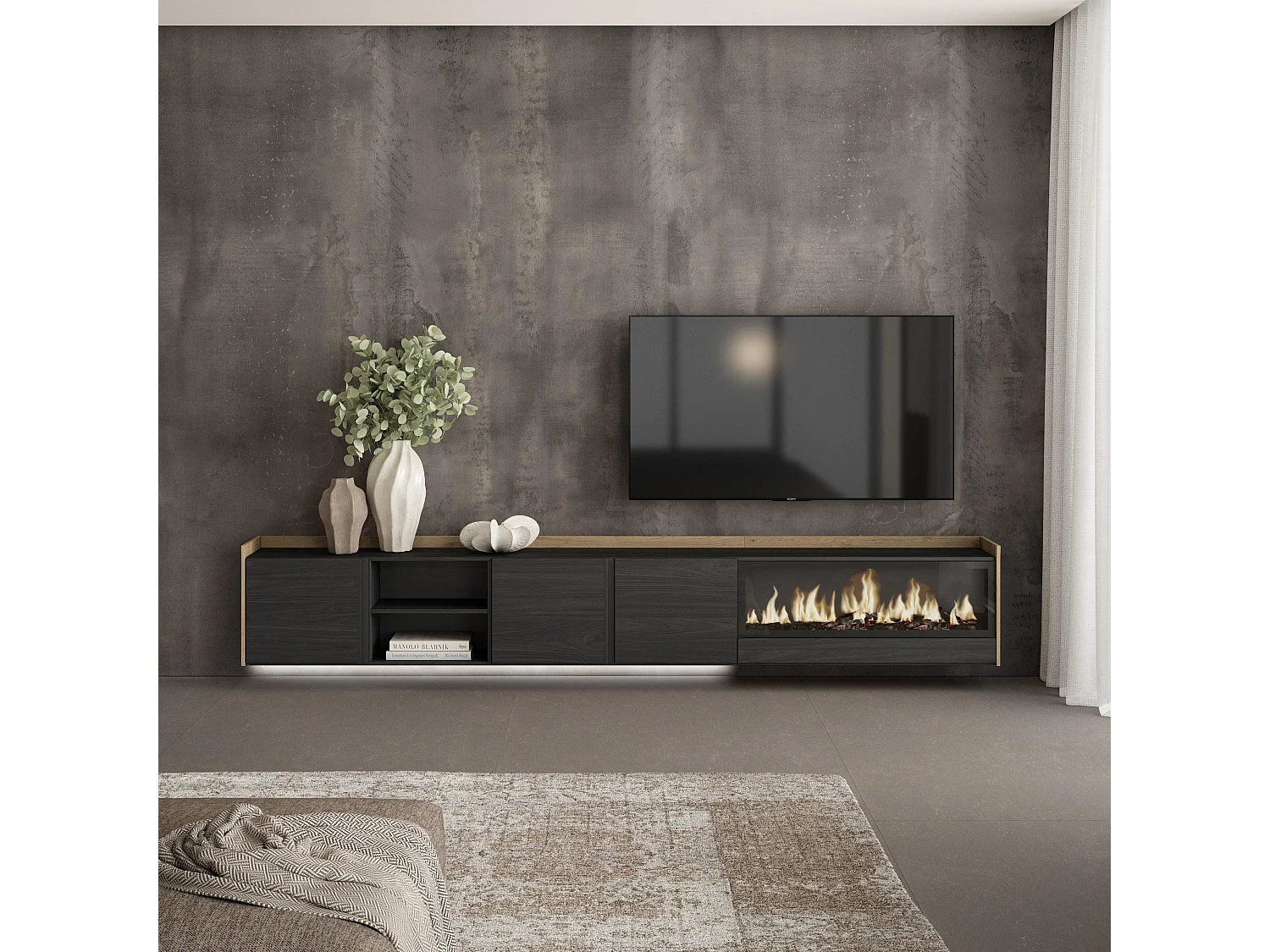 TV-Schrank, Lowboard, 315x50x35 cm, Für TV-Geräte bis zu 80", Elektrokamin XXL, Hängend, LED, Schwarz Eiche