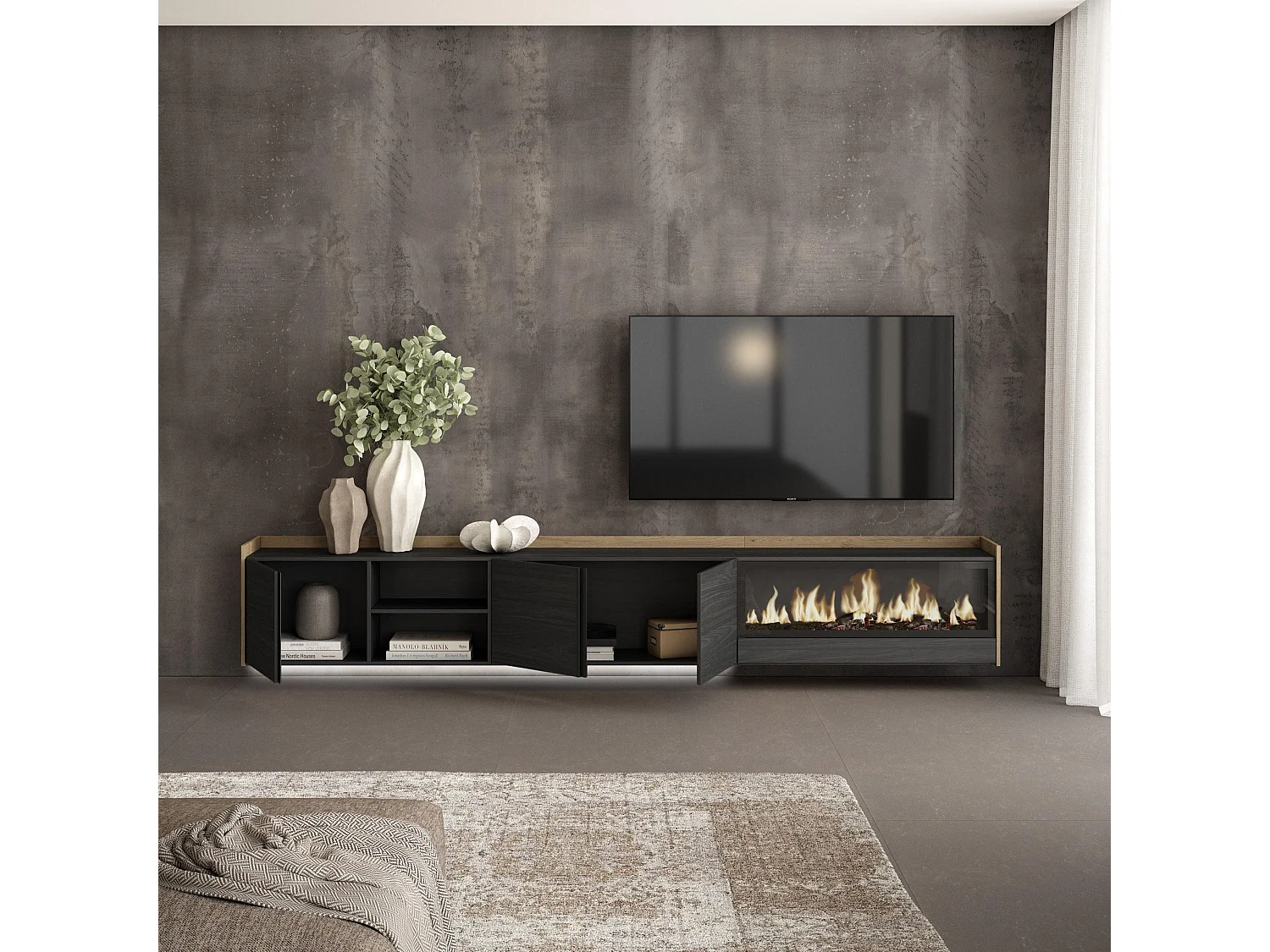 TV-Schrank, Lowboard, 315x50x35 cm, Für TV-Geräte bis zu 80", Elektrokamin XXL, Hängend, LED, Schwarz Eiche