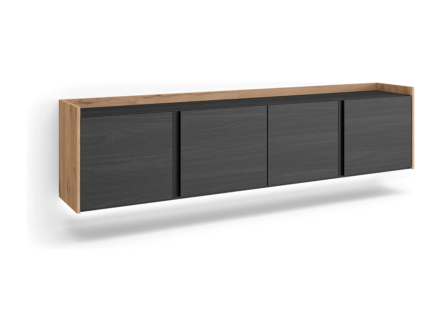 TV-Schrank, Lowboard, 207x50x35 cm, Für TV-Geräte bis zu 80", Hängend, LED, Schwarz Eiche