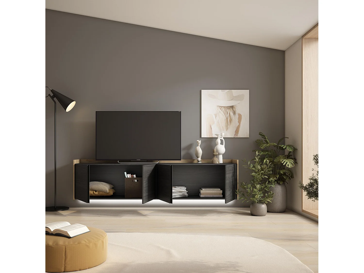TV-Schrank, Lowboard, 207x50x35 cm, Für TV-Geräte bis zu 80", Hängend, LED, Schwarz Eiche