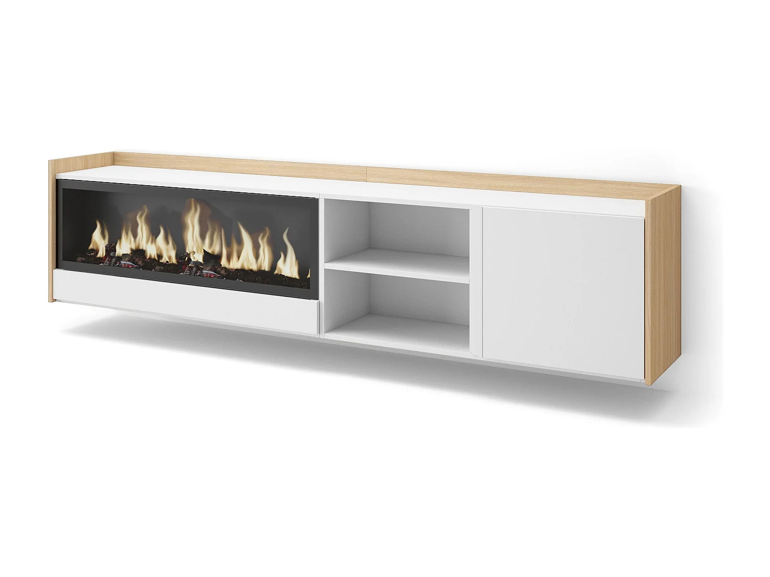 Móvel de TV, 212x50x35 cm, Para televisores até 80", Lareira eléctrica XXL, Suspensos, Branco e Carvalho soft