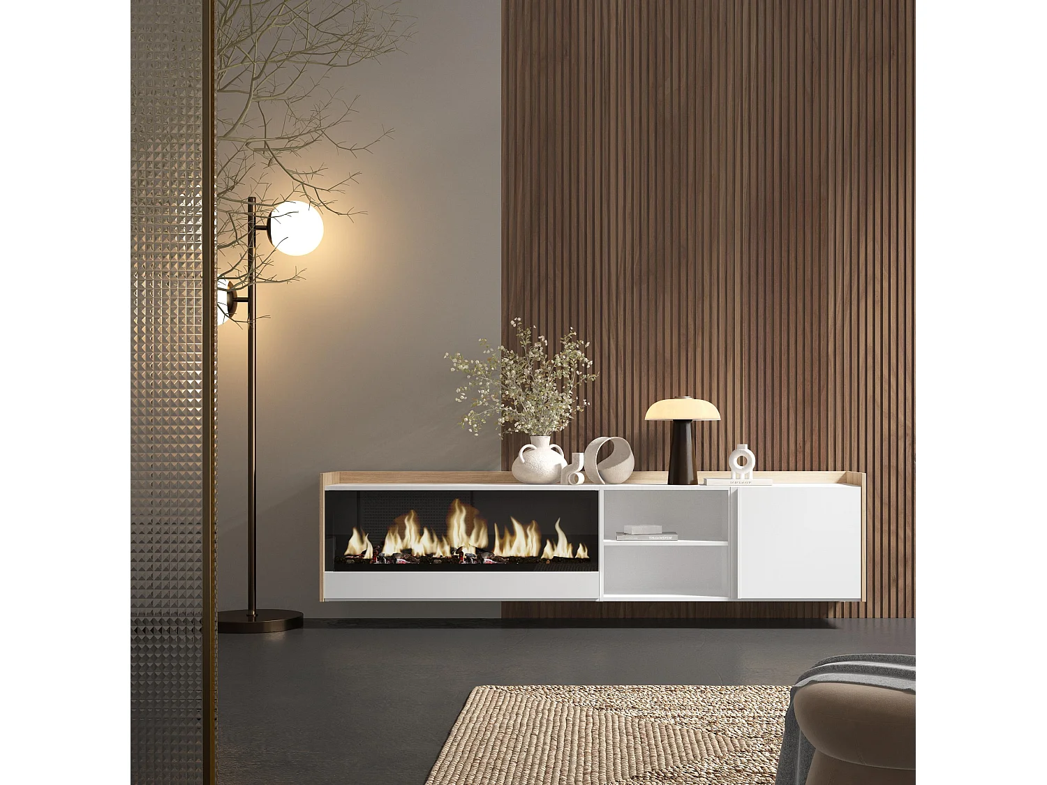 Móvel de TV, 212x50x35 cm, Para televisores até 80", Lareira eléctrica XXL, Suspensos, Branco e Carvalho soft