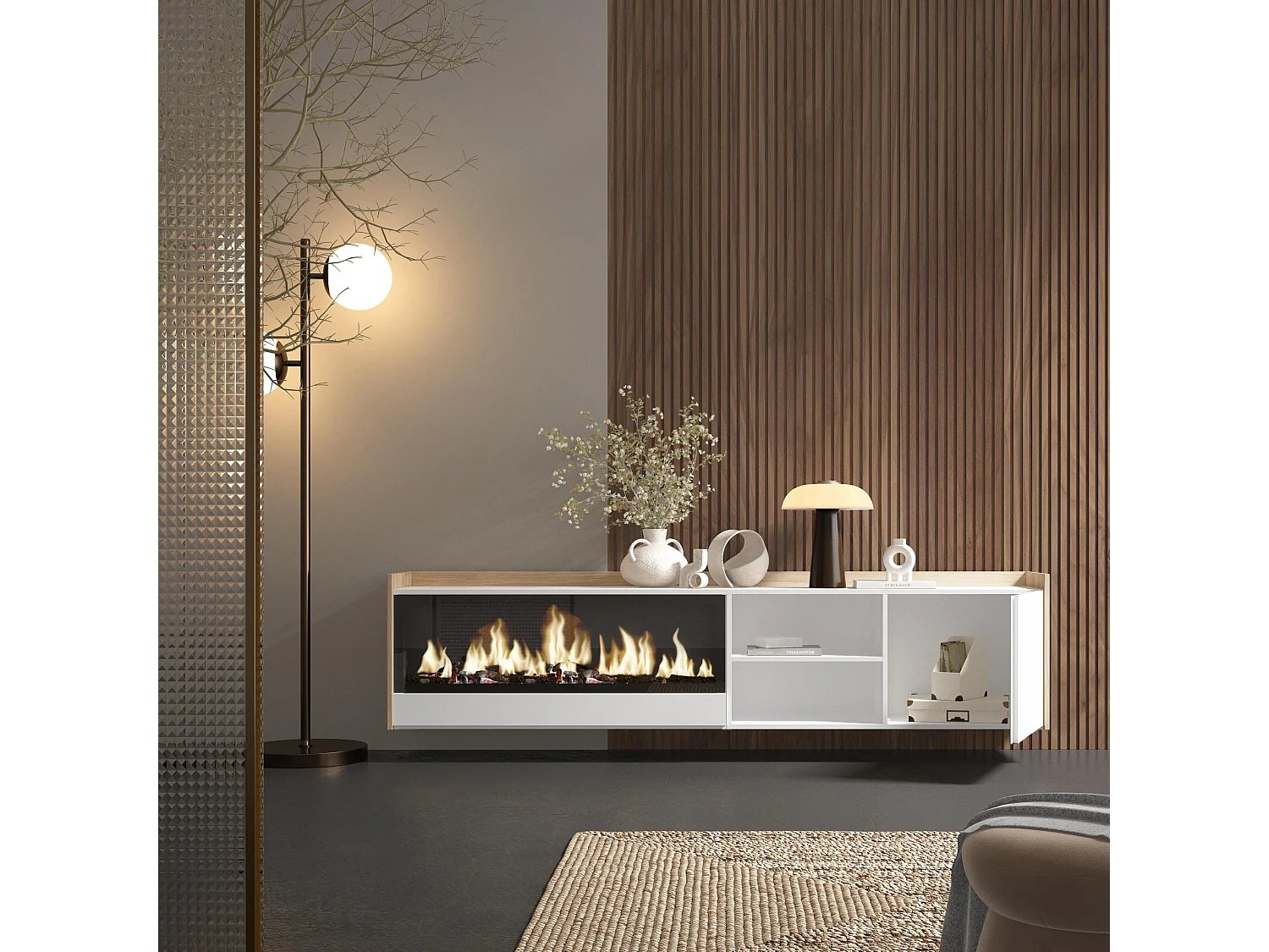 Móvel de TV, 212x50x35 cm, Para televisores até 80", Lareira eléctrica XXL, Suspensos, Branco e Carvalho soft