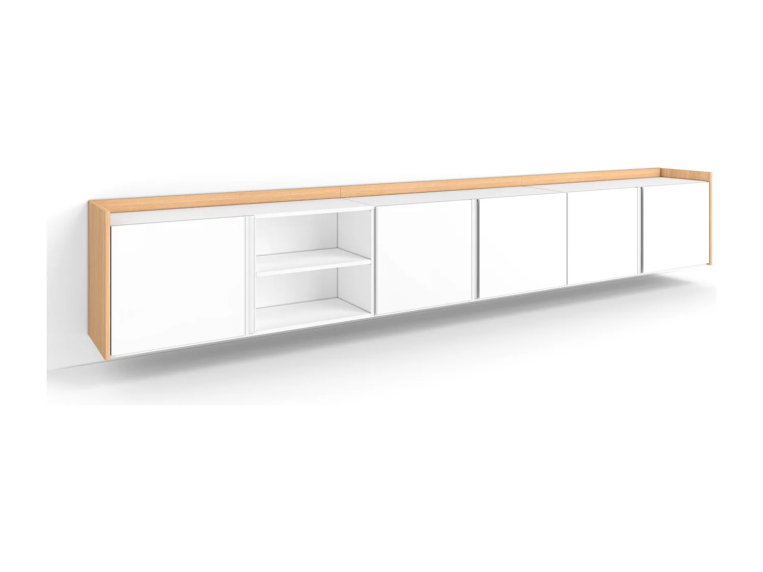 TV-Schrank, Lowboard, 309x50x35 cm, Für TV-Geräte bis zu 80", Hängend, Weiß und Eiche Soft
