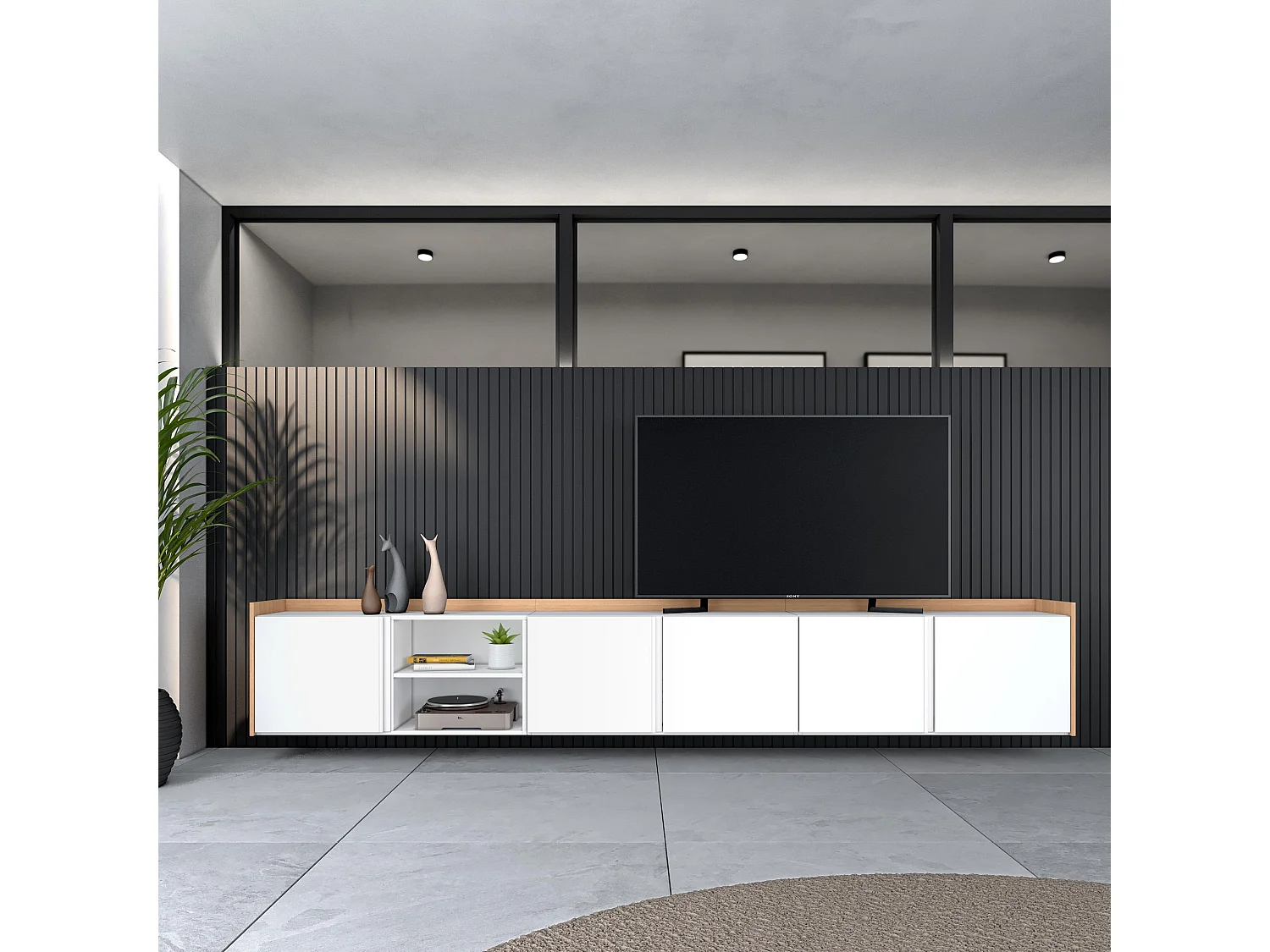 TV-Schrank, Lowboard, 309x50x35 cm, Für TV-Geräte bis zu 80", Hängend, Weiß und Eiche Soft