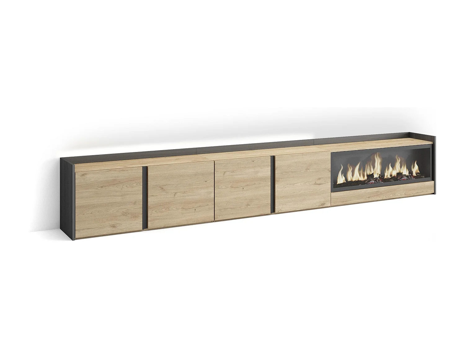 TV-Schrank, Lowboard, 315x50x35 cm, Für TV-Geräte bis zu 80", Elektrokamin XXL, LED, Eiche Schwarz