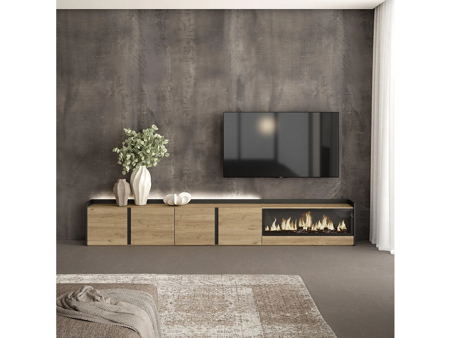 TV-Schrank, Lowboard, 315x50x35 cm, Für TV-Geräte bis zu 80", Elektrokamin XXL, LED, Eiche Schwarz