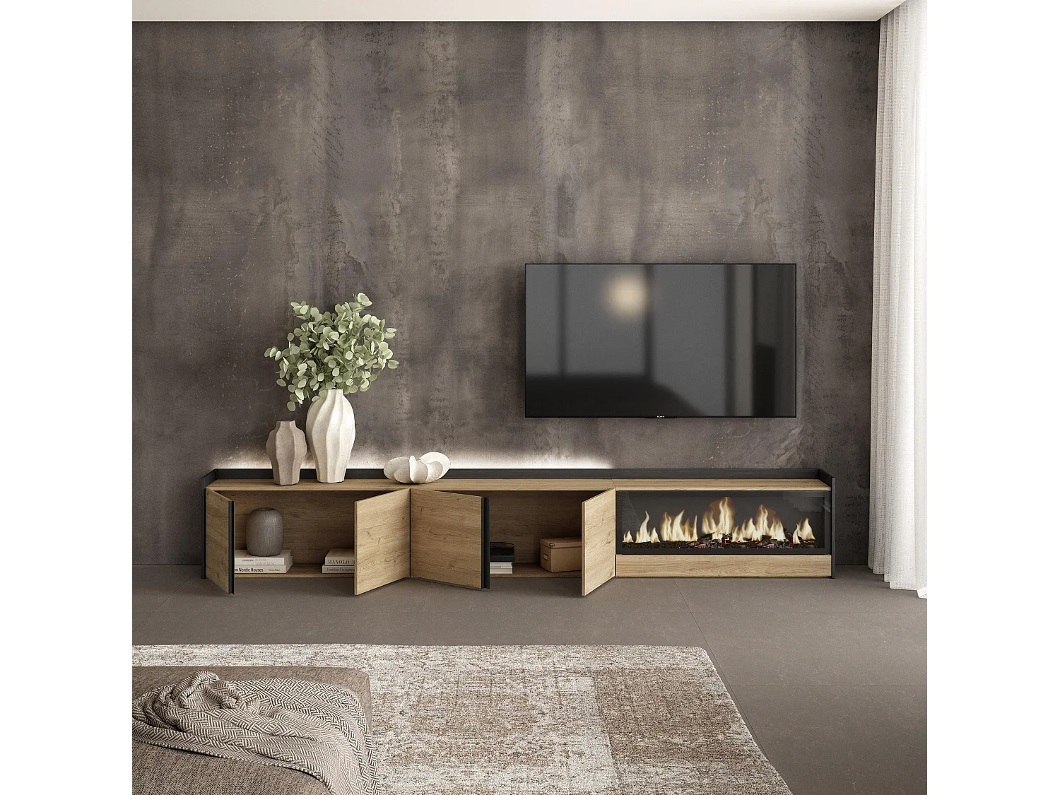 TV-Schrank, Lowboard, 315x50x35 cm, Für TV-Geräte bis zu 80", Elektrokamin XXL, LED, Eiche Schwarz