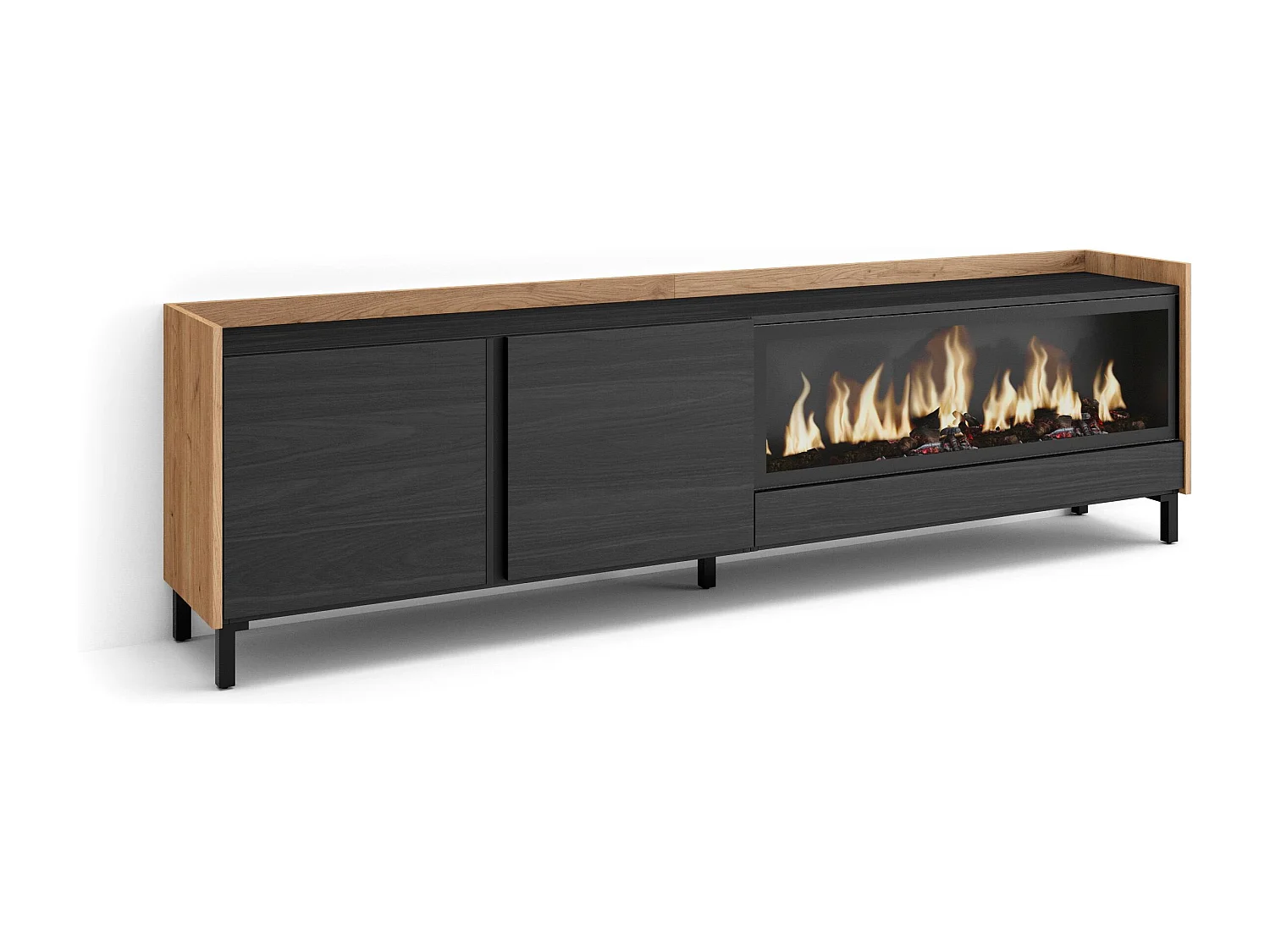 Mueble TV, Televisión, 212x61x35 cm, Para TV hasta 80", Chimenea eléctrica XXL, Diseño industrial, Negro y roble