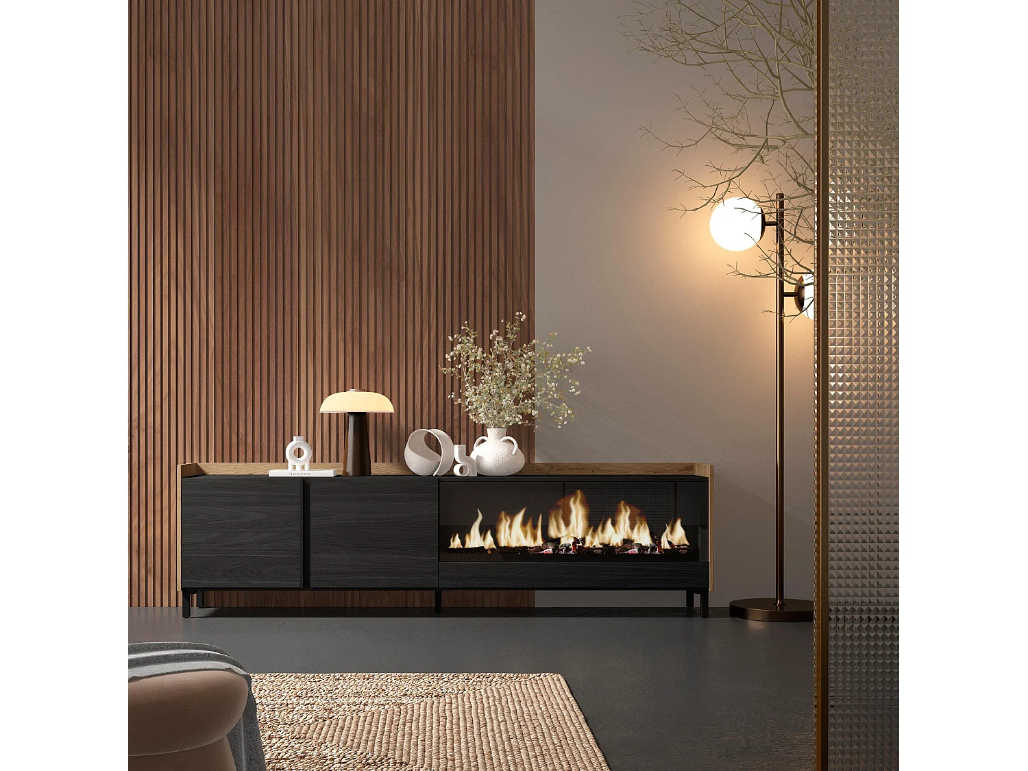 Mueble TV, Televisión, 212x61x35 cm, Para TV hasta 80", Chimenea eléctrica XXL, Diseño industrial, Negro y roble