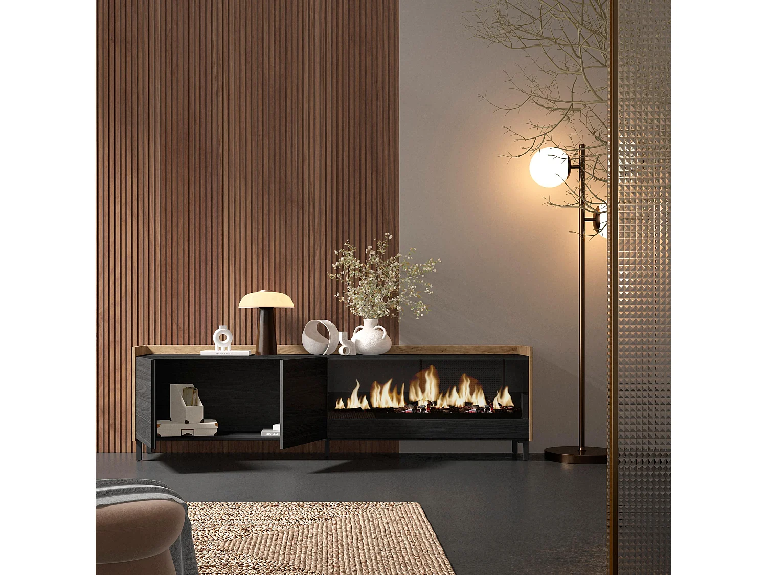 Mueble TV, Televisión, 212x61x35 cm, Para TV hasta 80", Chimenea eléctrica XXL, Diseño industrial, Negro y roble