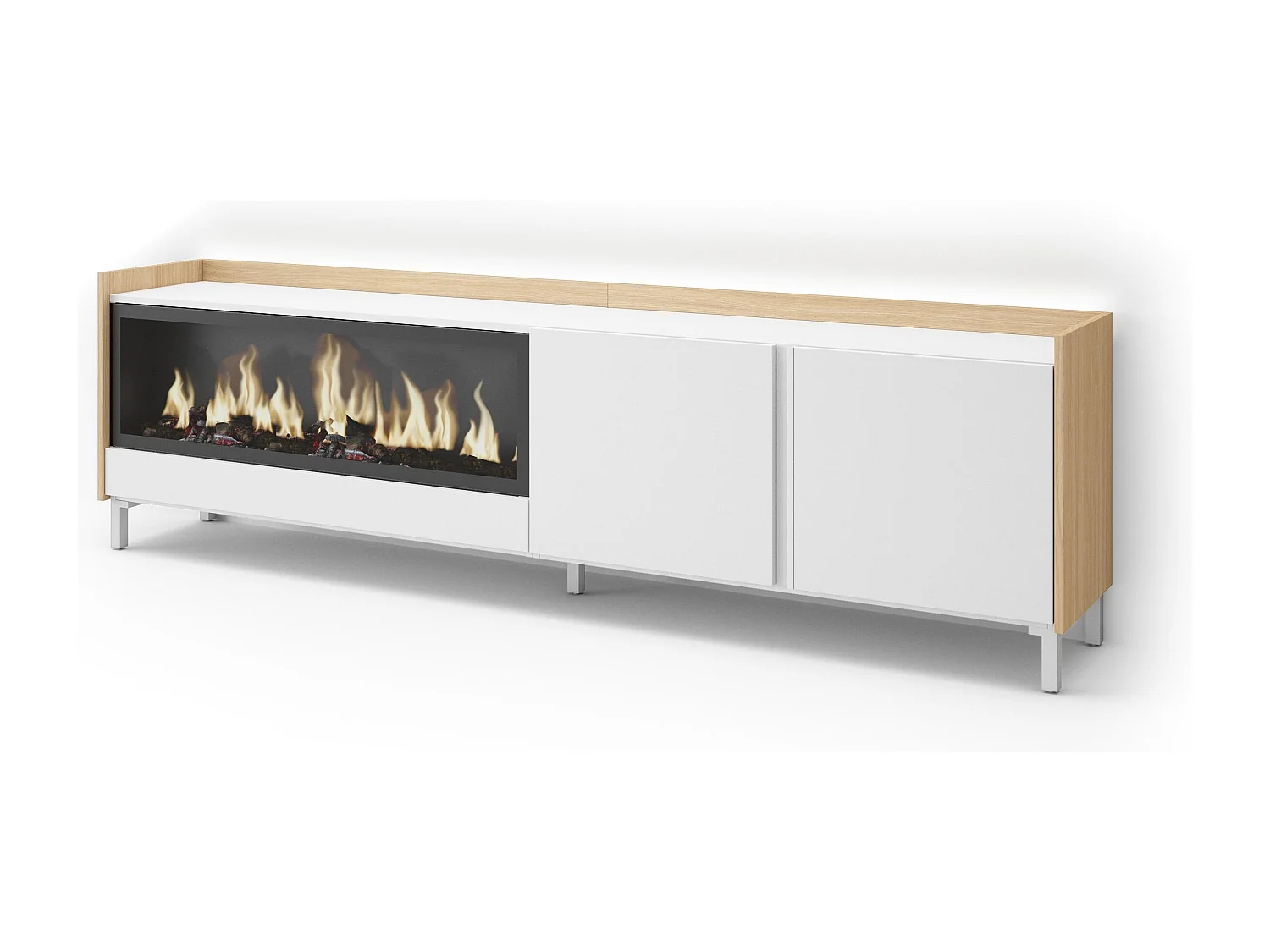 TV-Meubel, Lowboard, 212x61x35 cm, Voor tv's tot 80", Elektrische haard XXL, Industrieel design, LED, Wit en Eiken soft