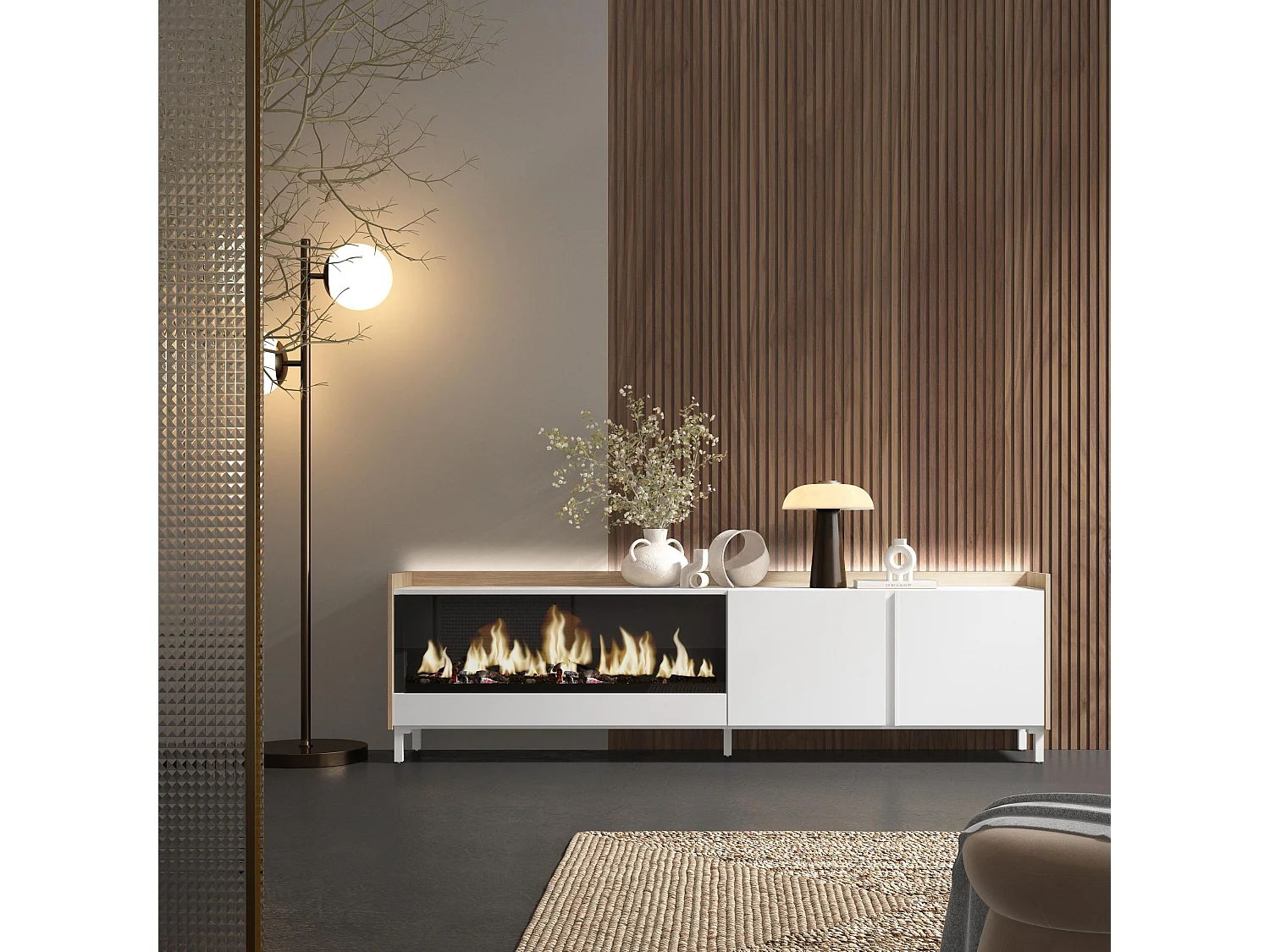 TV-Meubel, Lowboard, 212x61x35 cm, Voor tv's tot 80", Elektrische haard XXL, Industrieel design, LED, Wit en Eiken soft