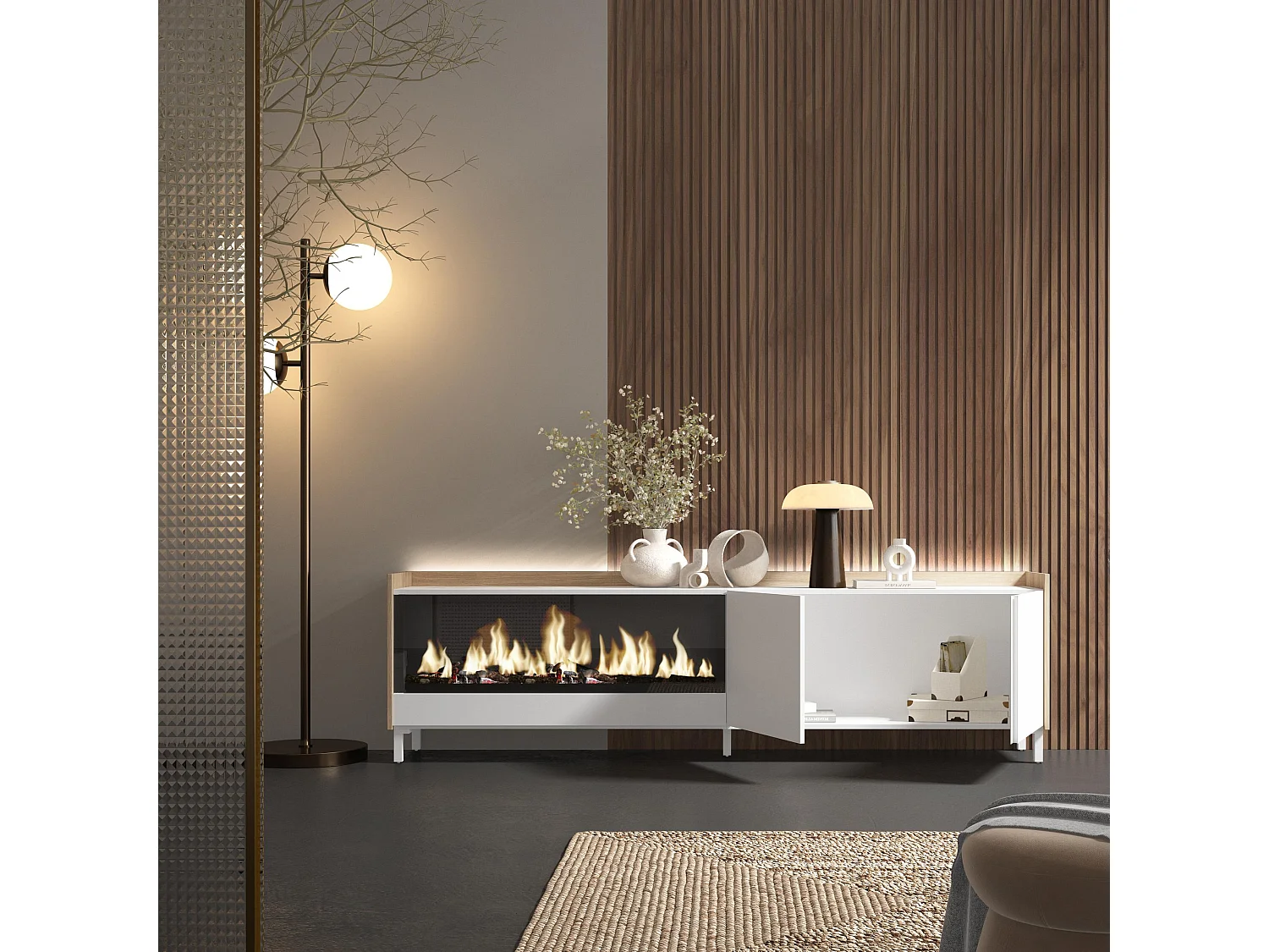 TV-Meubel, Lowboard, 212x61x35 cm, Voor tv's tot 80", Elektrische haard XXL, Industrieel design, LED, Wit en Eiken soft