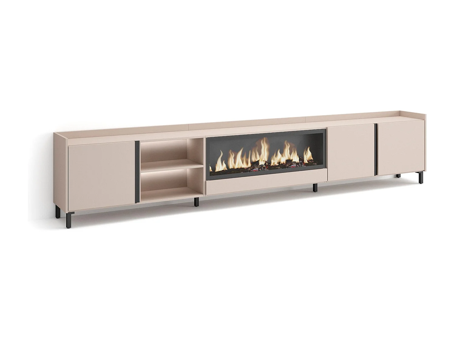 TV-Schrank, Lowboard, 315x61x35 cm, Für TV-Geräte bis zu 80", Elektrokamin XXL, Industriedesign, LED, Beige