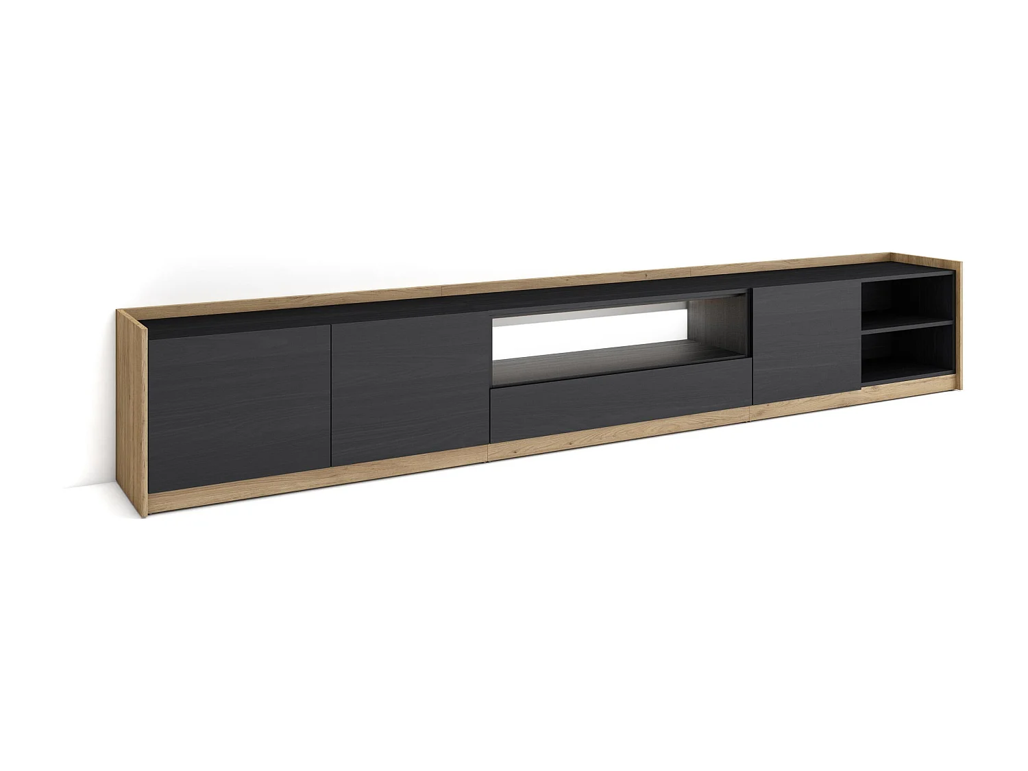 TV-Schrank, Lowboard, 310x50x37 cm, Für TV-Geräte bis zu 80", LED, Schwarz Eiche