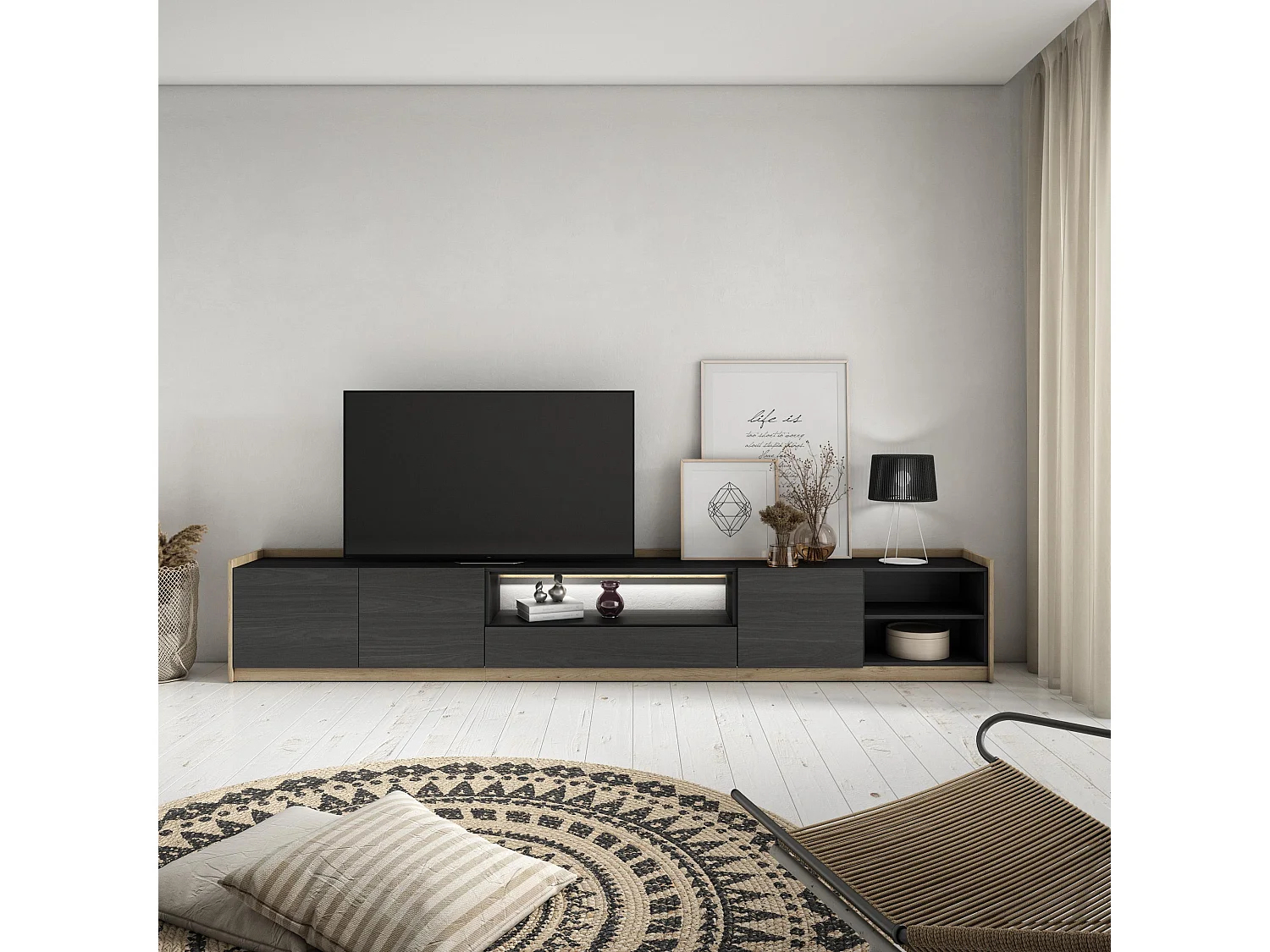 TV-Schrank, Lowboard, 310x50x37 cm, Für TV-Geräte bis zu 80", LED, Schwarz Eiche