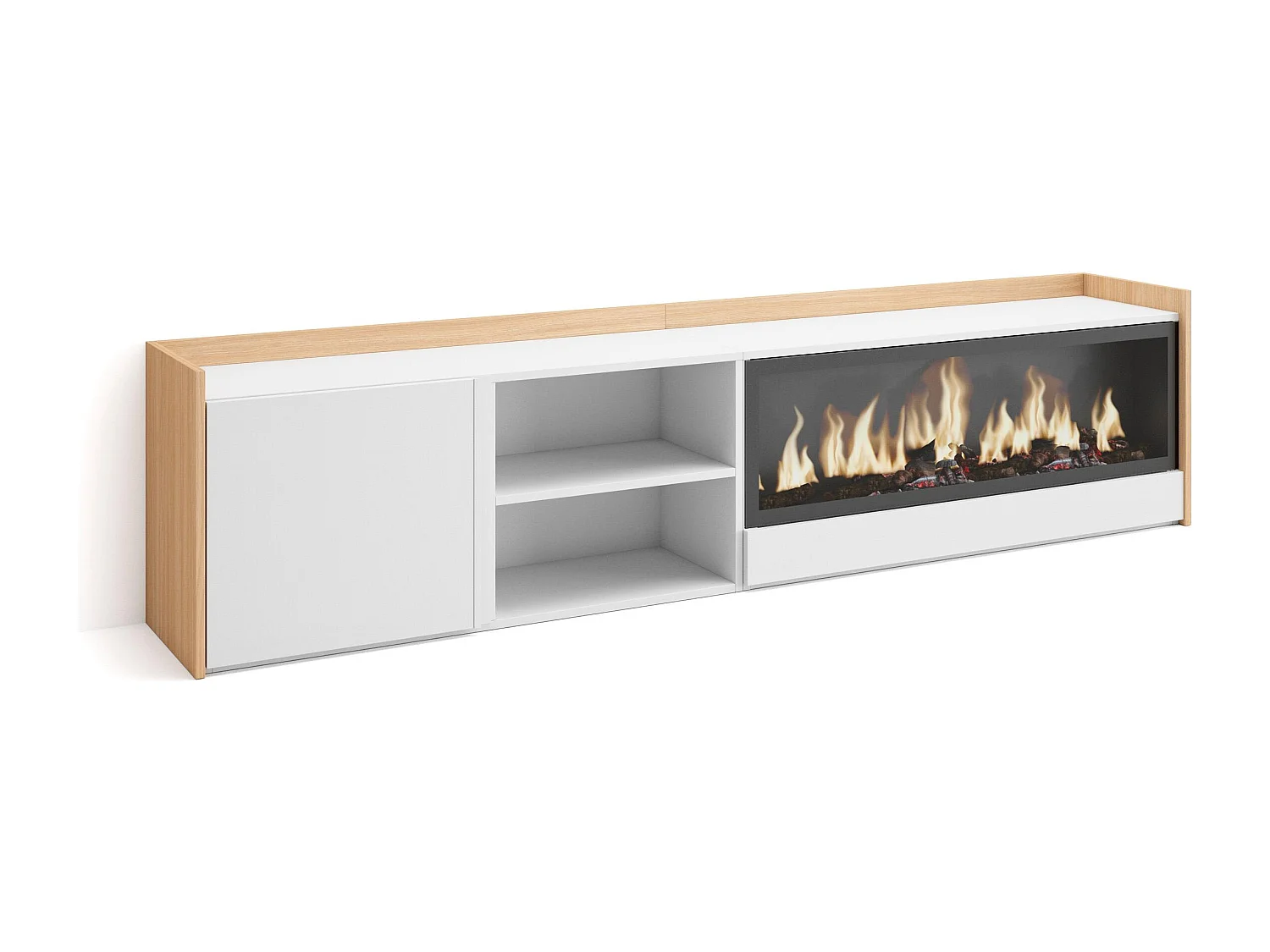 TV-Schrank - Lowboard - 212x50x35cm - Für TV-Geräte bis zu 80" - Elektrokamin XXL - Weiß und Eiche Soft