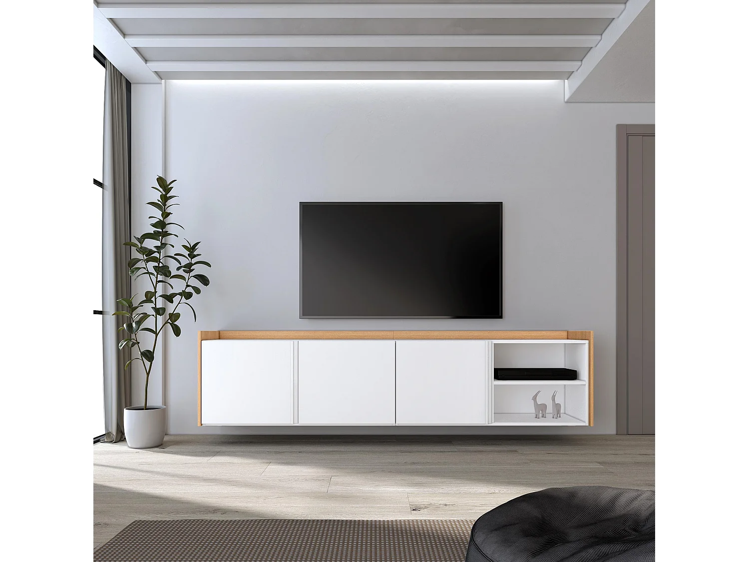 TV-Meubel, Lowboard, 207x50x35 cm, Voor tv's tot 80", Hangend, Wit en Eiken soft