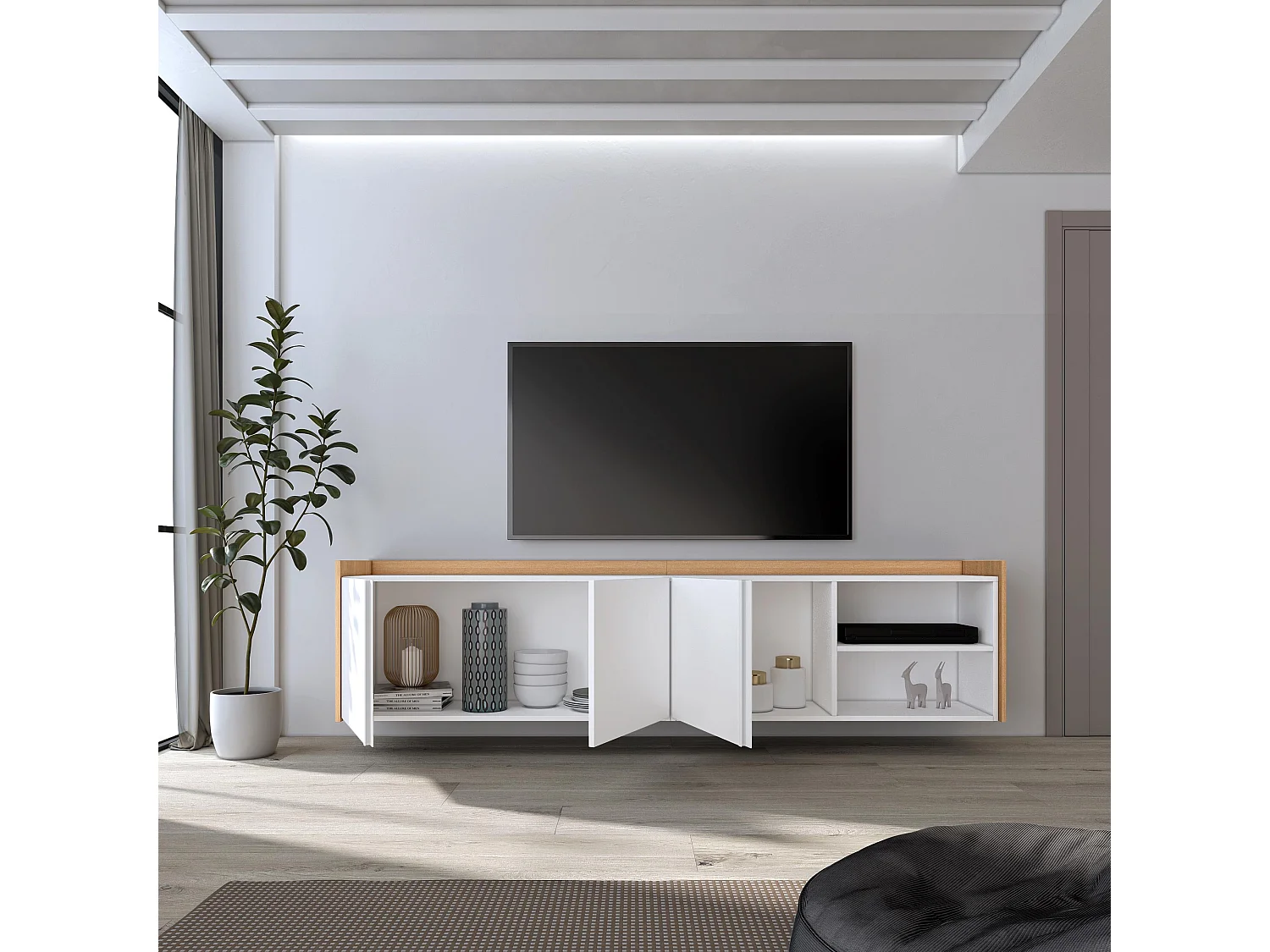 TV-Meubel, Lowboard, 207x50x35 cm, Voor tv's tot 80", Hangend, Wit en Eiken soft