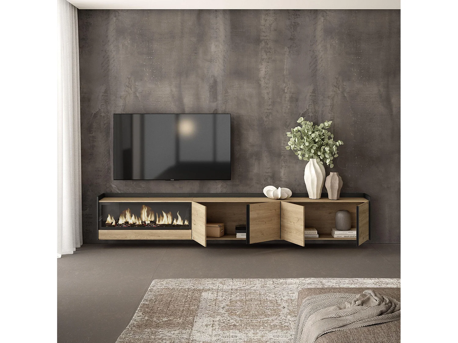 Móvel de TV, 315x50x35 cm, Para televisores até 80", Lareira eléctrica XXL, Suspensos, Carvalho e preto