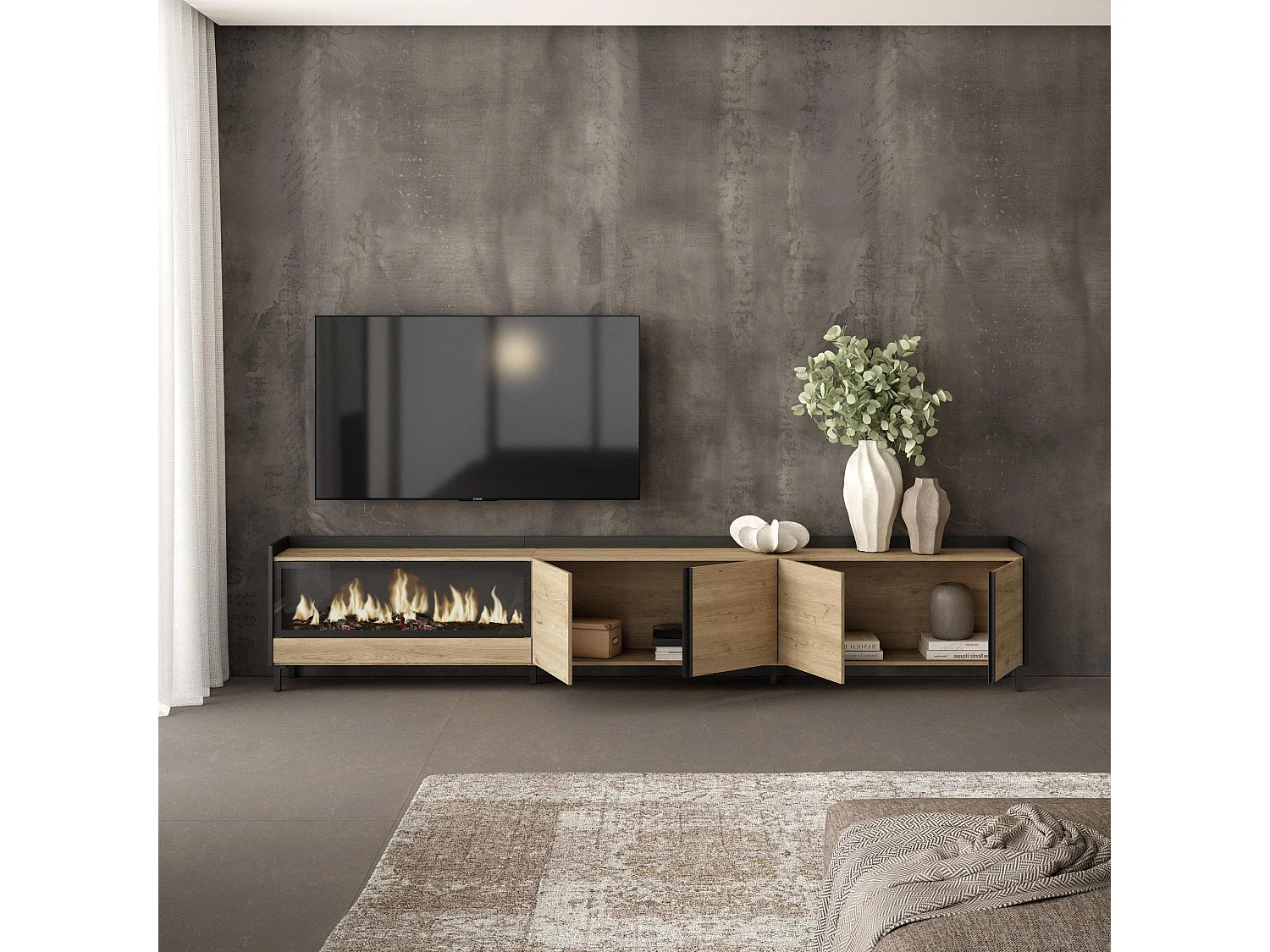 TV-Schrank, Lowboard, 315x61x35 cm, Für TV-Geräte bis zu 80", Elektrokamin XXL, Industriedesign, Eiche Schwarz