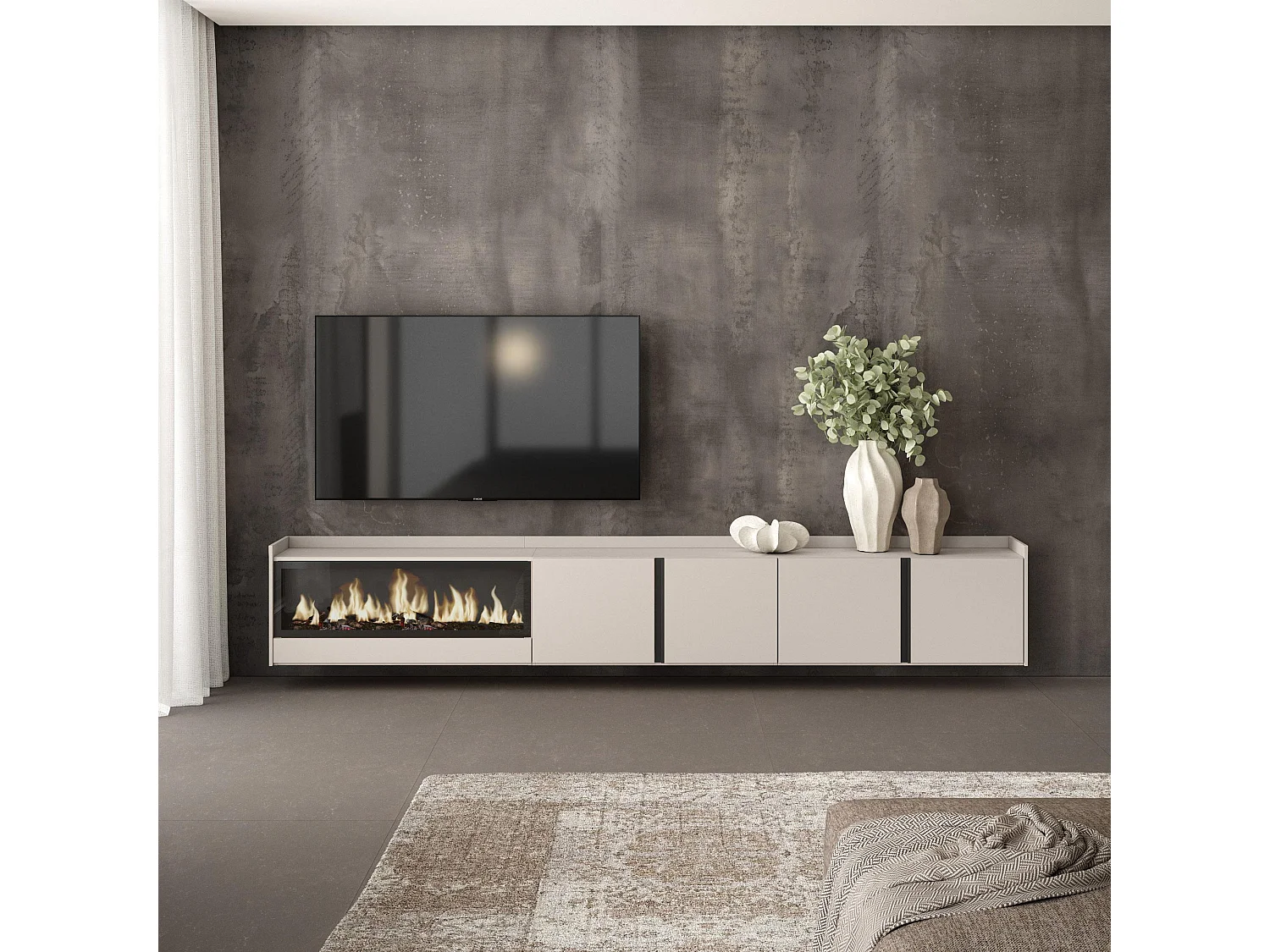 Móvel de TV, 315x50x35 cm, Para televisores até 80", Lareira eléctrica XXL, Suspensos, Bege