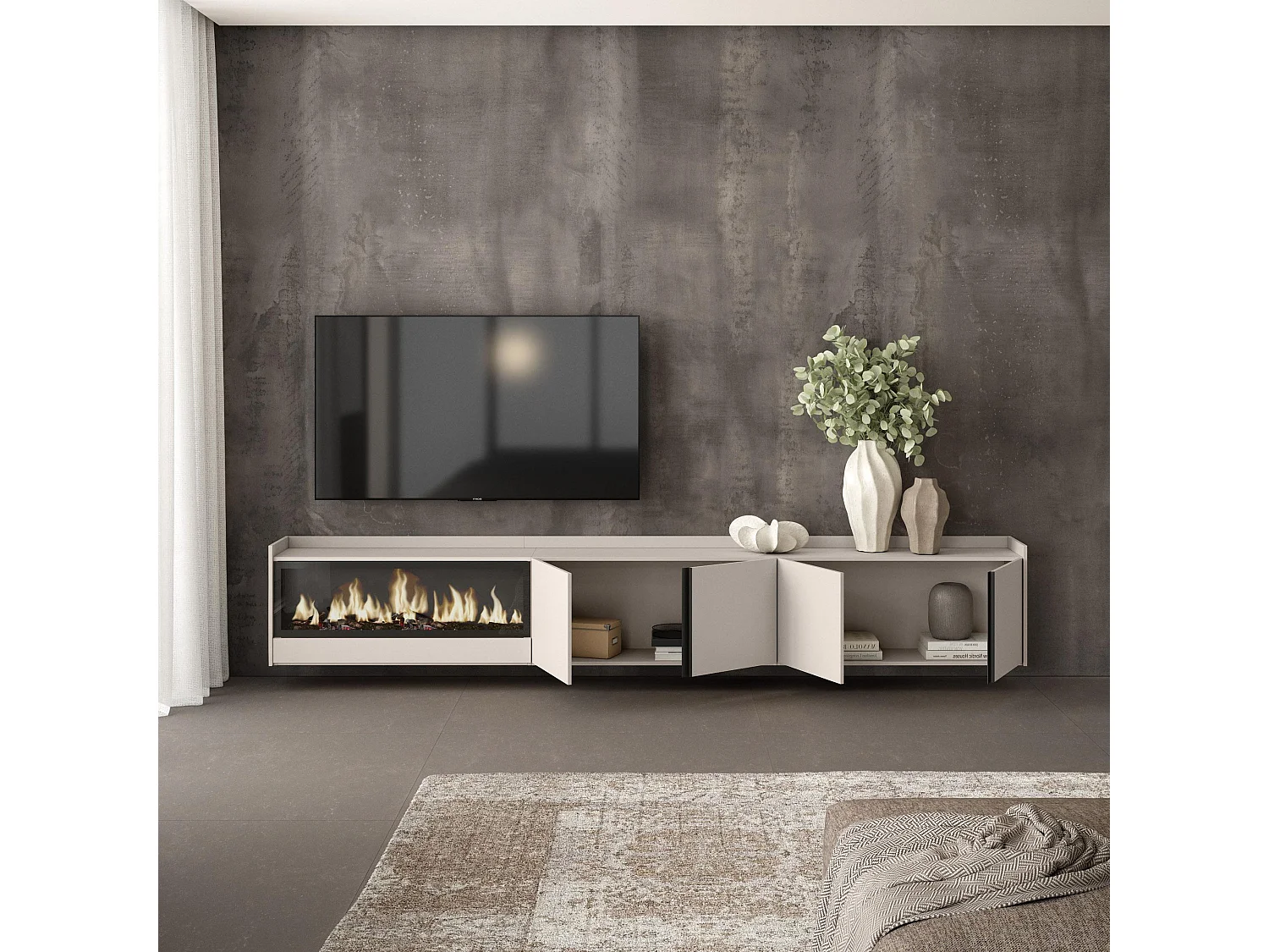 Móvel de TV, 315x50x35 cm, Para televisores até 80", Lareira eléctrica XXL, Suspensos, Bege