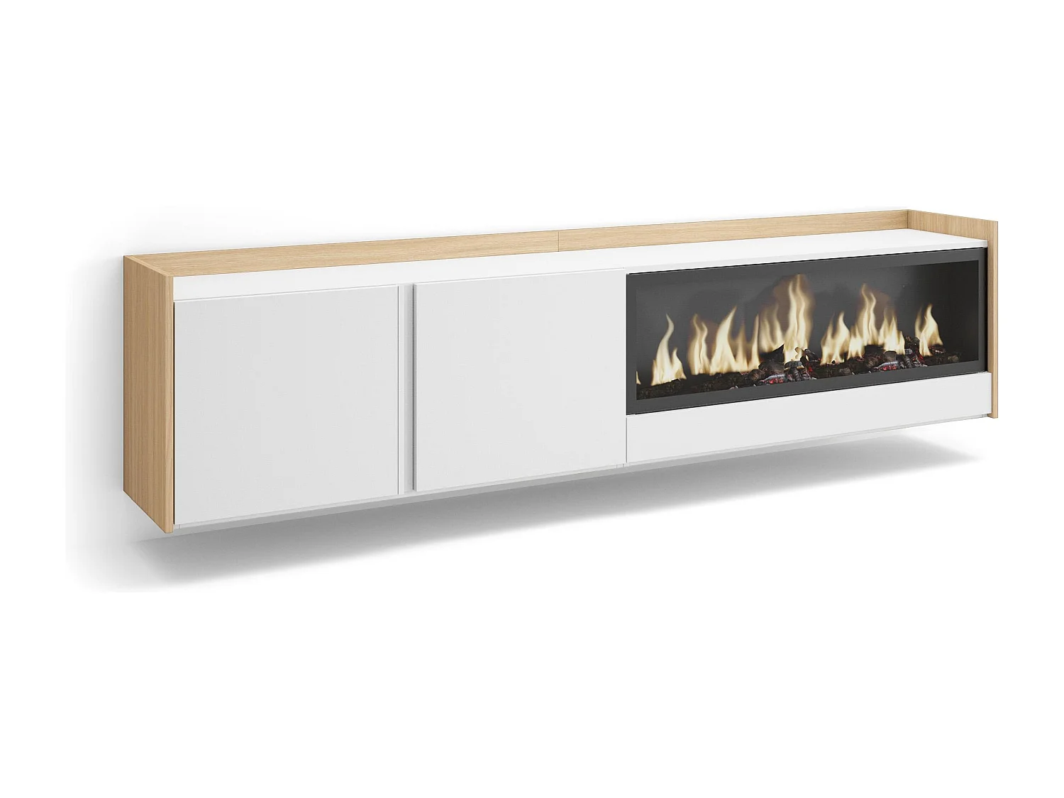 TV-Schrank, Lowboard, 212x50x35 cm, Für TV-Geräte bis zu 80", Elektrokamin XXL, Hängend, Weiß und Eiche Soft