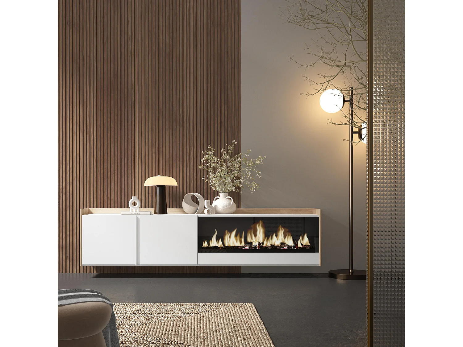 TV-Schrank, Lowboard, 212x50x35 cm, Für TV-Geräte bis zu 80", Elektrokamin XXL, Hängend, Weiß und Eiche Soft