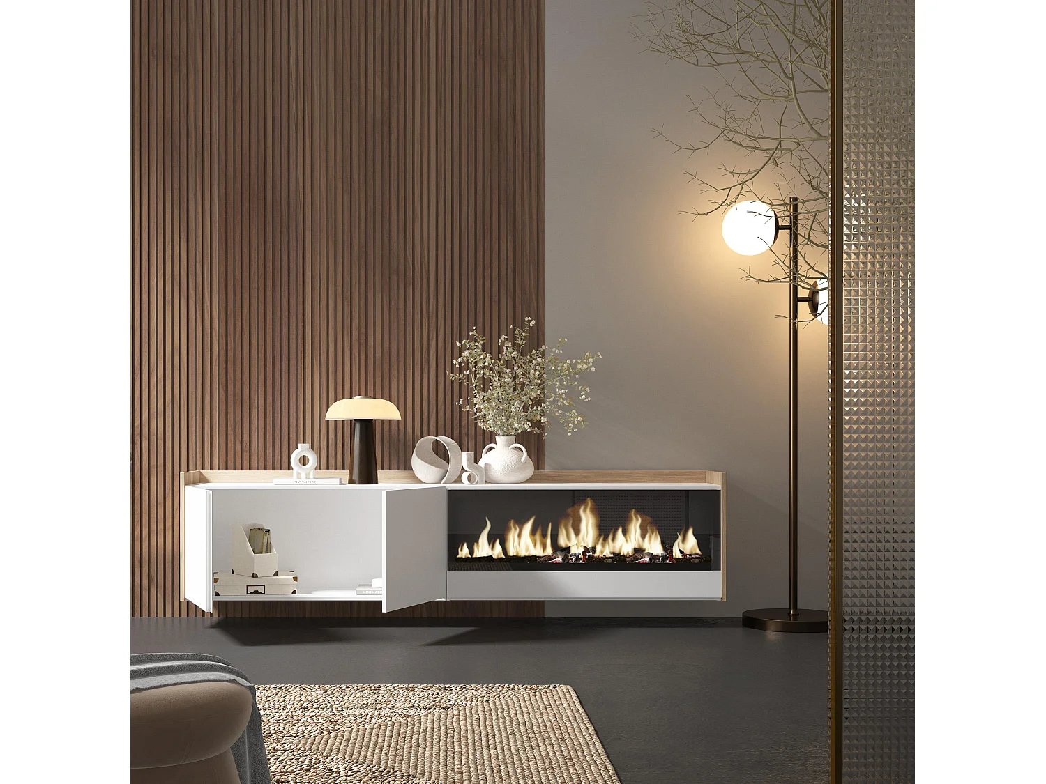 TV-Schrank, Lowboard, 212x50x35 cm, Für TV-Geräte bis zu 80", Elektrokamin XXL, Hängend, Weiß und Eiche Soft