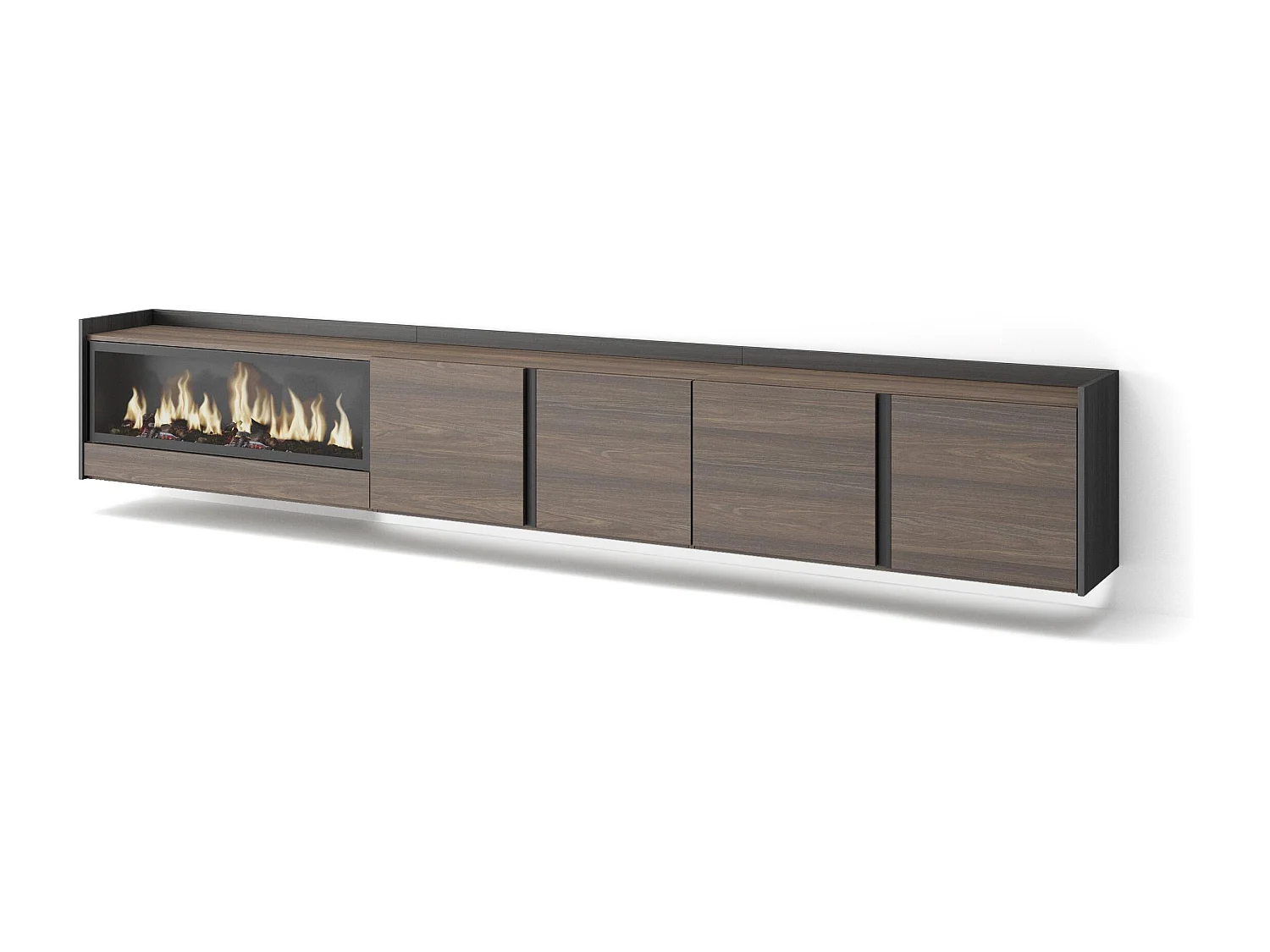 TV-Meubel, Lowboard, 315x50x35 cm, Voor tv's tot 80", Elektrische haard XXL, Hangend, LED, Donkere eik en Zwart