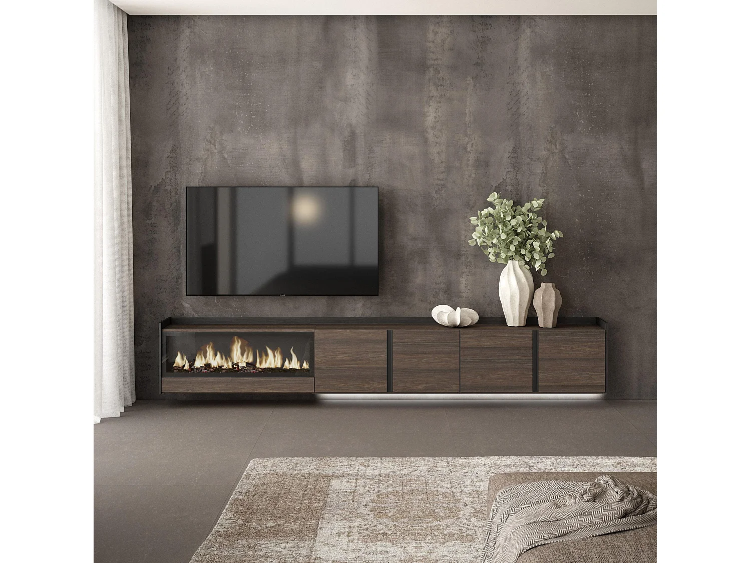 TV-Meubel, Lowboard, 315x50x35 cm, Voor tv's tot 80", Elektrische haard XXL, Hangend, LED, Donkere eik en Zwart