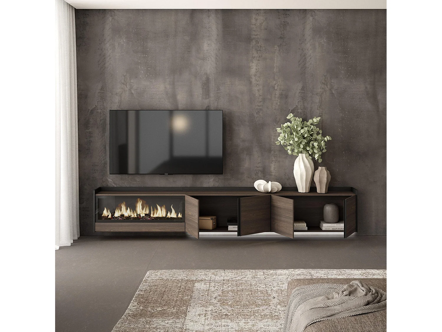 TV-Meubel, Lowboard, 315x50x35 cm, Voor tv's tot 80", Elektrische haard XXL, Hangend, LED, Donkere eik en Zwart