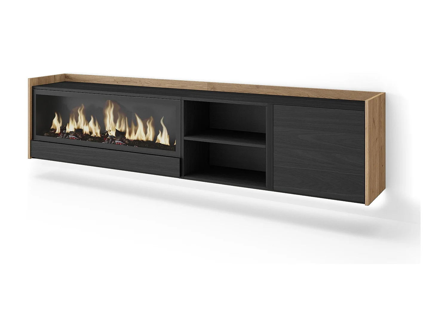 TV-Schrank, Lowboard, 212x50x35 cm, Für TV-Geräte bis zu 80", Elektrokamin XXL, Hängend, LED, Schwarz Eiche