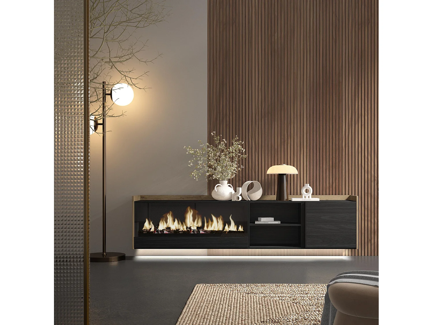 TV-Schrank, Lowboard, 212x50x35 cm, Für TV-Geräte bis zu 80", Elektrokamin XXL, Hängend, LED, Schwarz Eiche