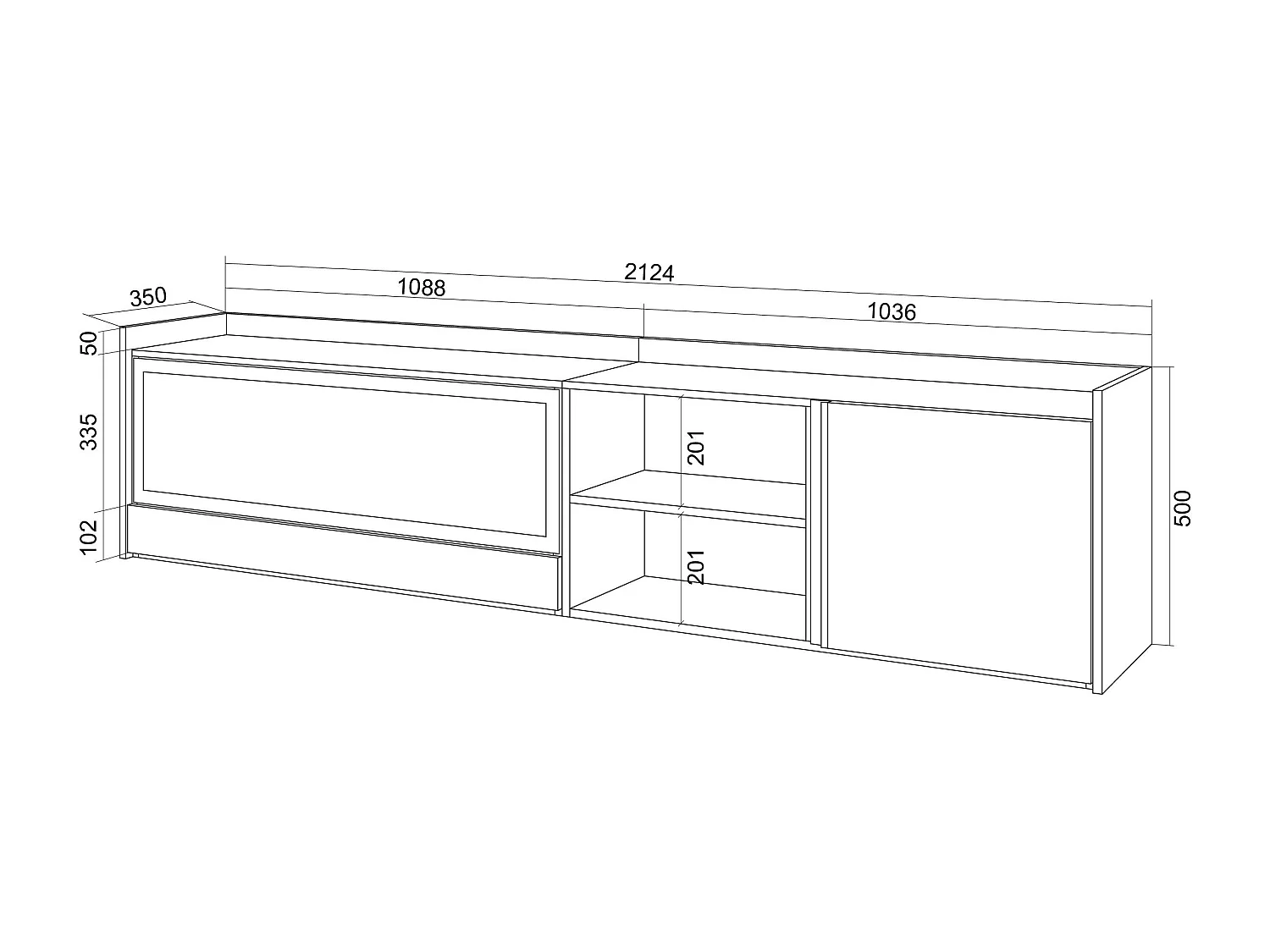 TV-Schrank, Lowboard, 212x50x35 cm, Für TV-Geräte bis zu 80", Elektrokamin XXL, Hängend, LED, Schwarz Eiche