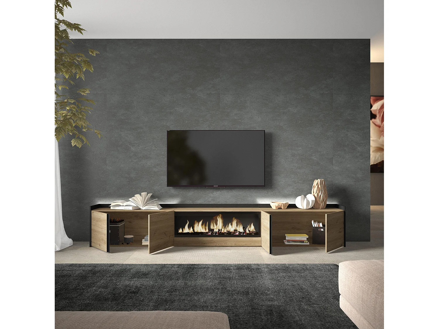 TV-Schrank, Lowboard, 315x50x35 cm, Für TV-Geräte bis zu 80", Elektrokamin XXL, LED, Eiche Schwarz