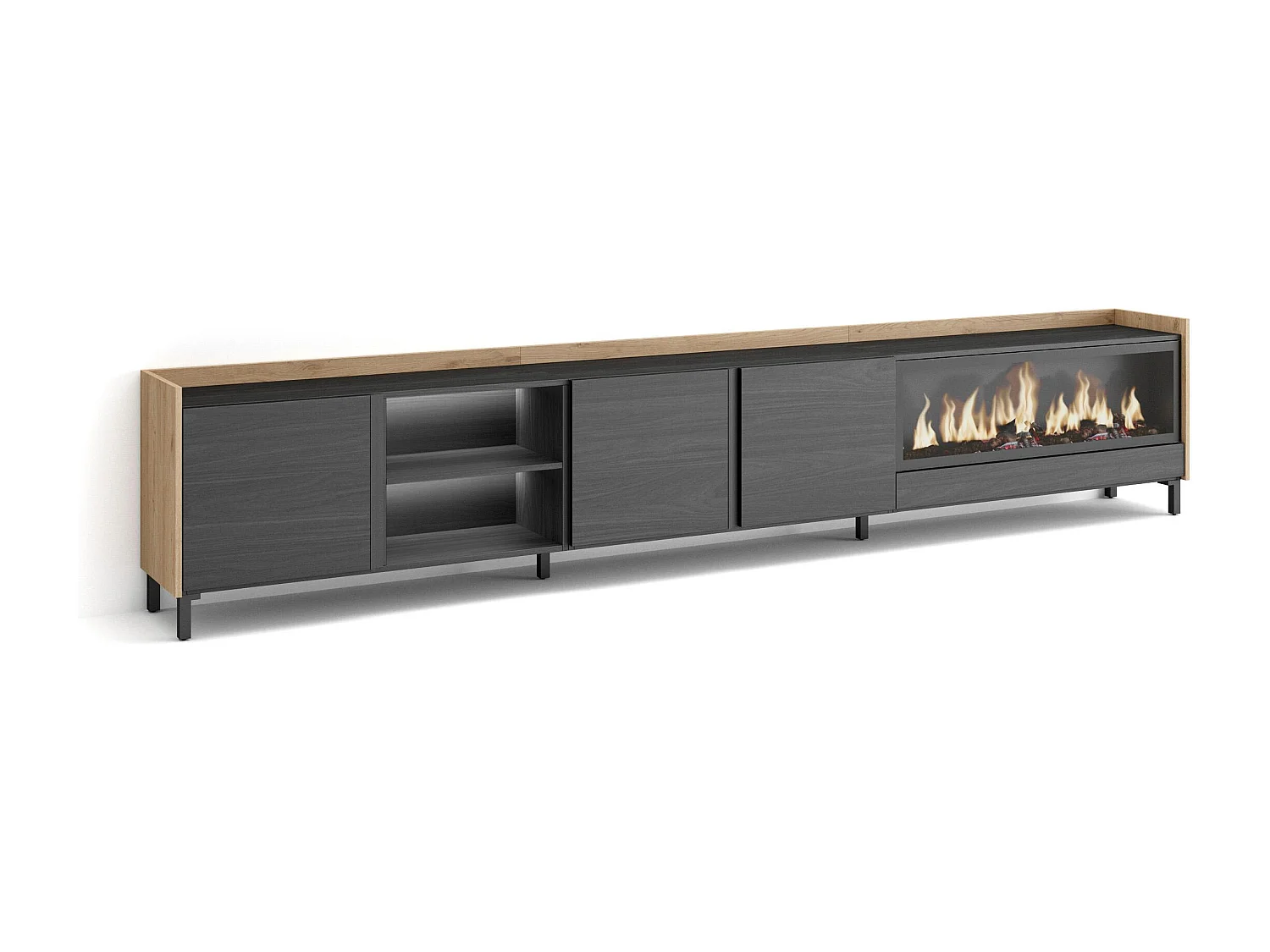 TV-Schrank, Lowboard, 315x61x35 cm, Für TV-Geräte bis zu 80", Elektrokamin XXL, Industriedesign, LED, Schwarz Eiche