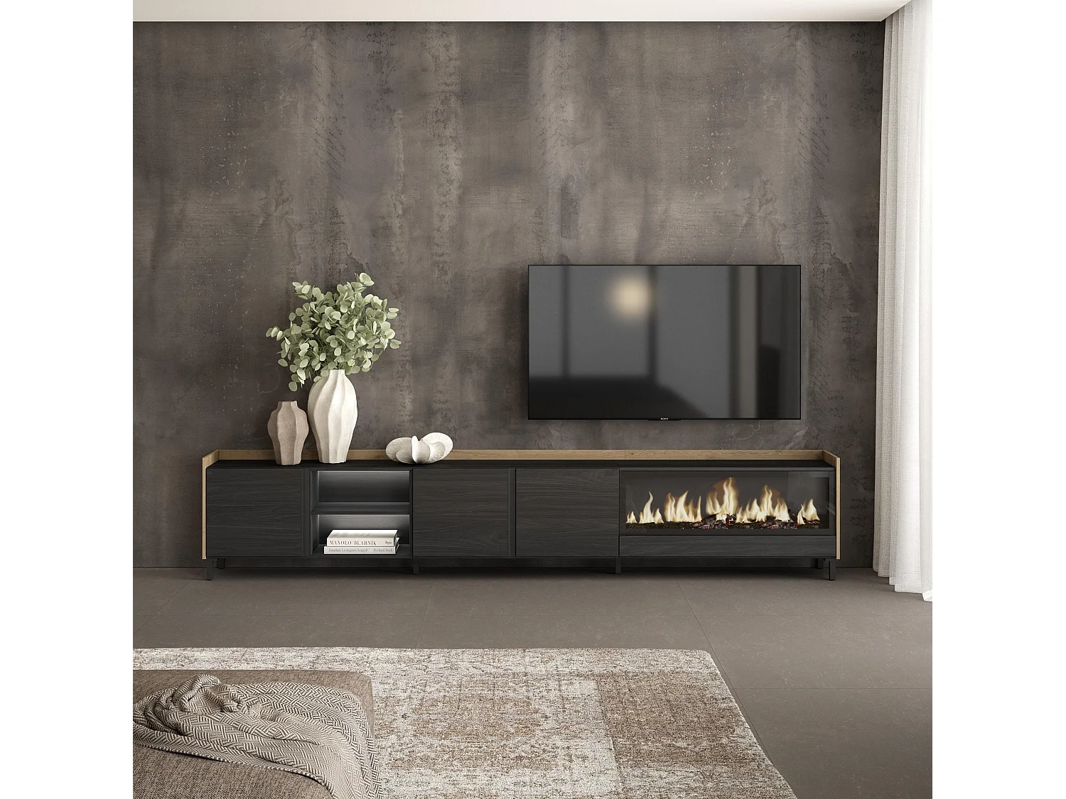TV-Schrank, Lowboard, 315x61x35 cm, Für TV-Geräte bis zu 80", Elektrokamin XXL, Industriedesign, LED, Schwarz Eiche