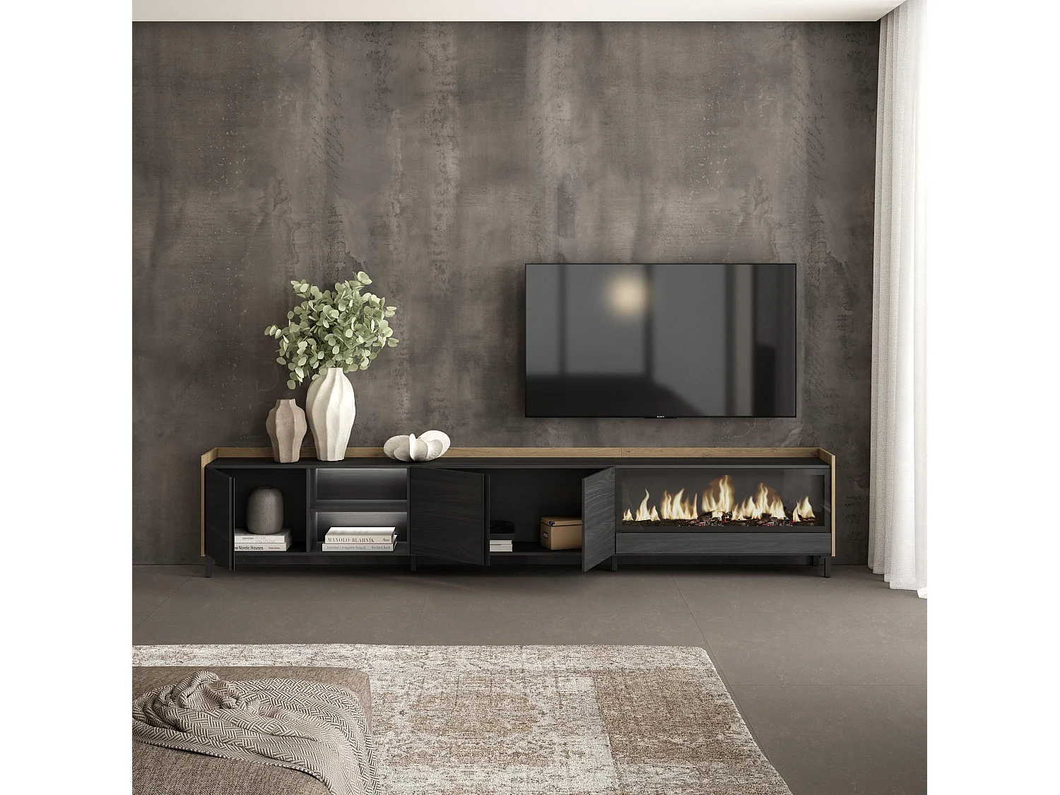 TV-Schrank, Lowboard, 315x61x35 cm, Für TV-Geräte bis zu 80", Elektrokamin XXL, Industriedesign, LED, Schwarz Eiche