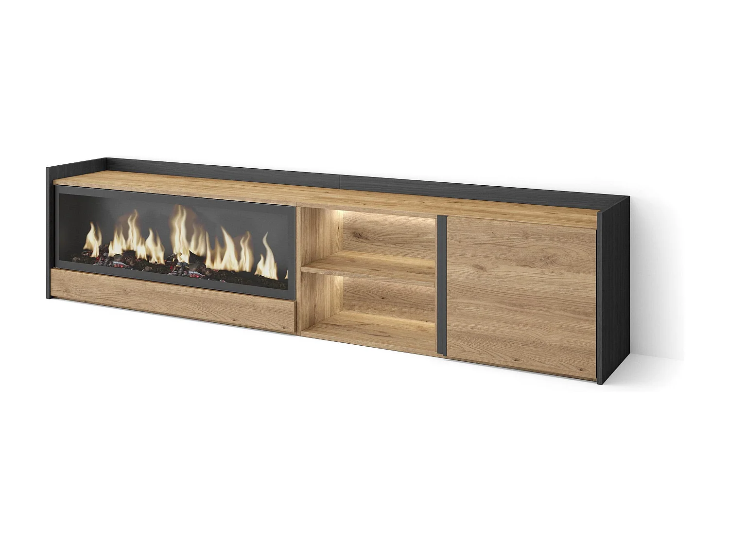 TV-Schrank, Lowboard, 212x50x35 cm, Für TV-Geräte bis zu 80", Elektrokamin XXL, LED, Eiche Schwarz