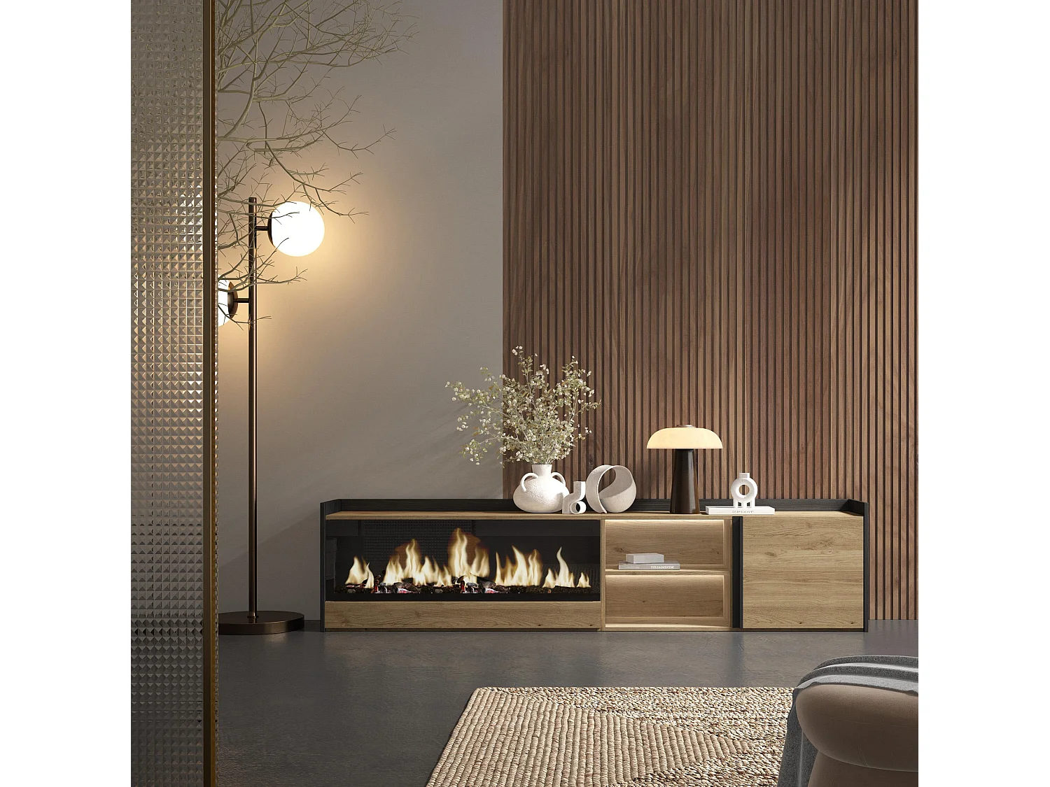 TV-Schrank, Lowboard, 212x50x35 cm, Für TV-Geräte bis zu 80", Elektrokamin XXL, LED, Eiche Schwarz