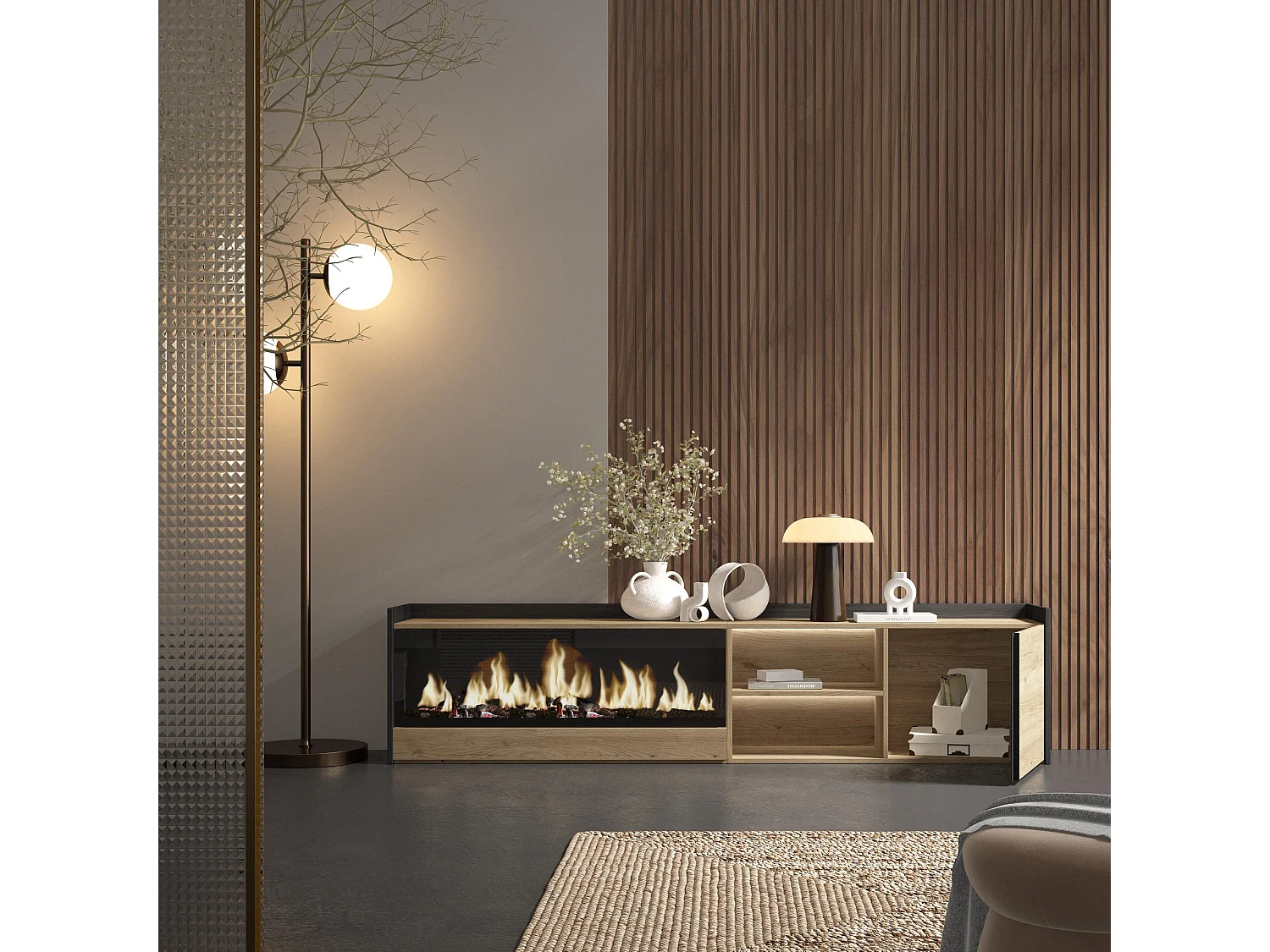 TV-Schrank, Lowboard, 212x50x35 cm, Für TV-Geräte bis zu 80", Elektrokamin XXL, LED, Eiche Schwarz