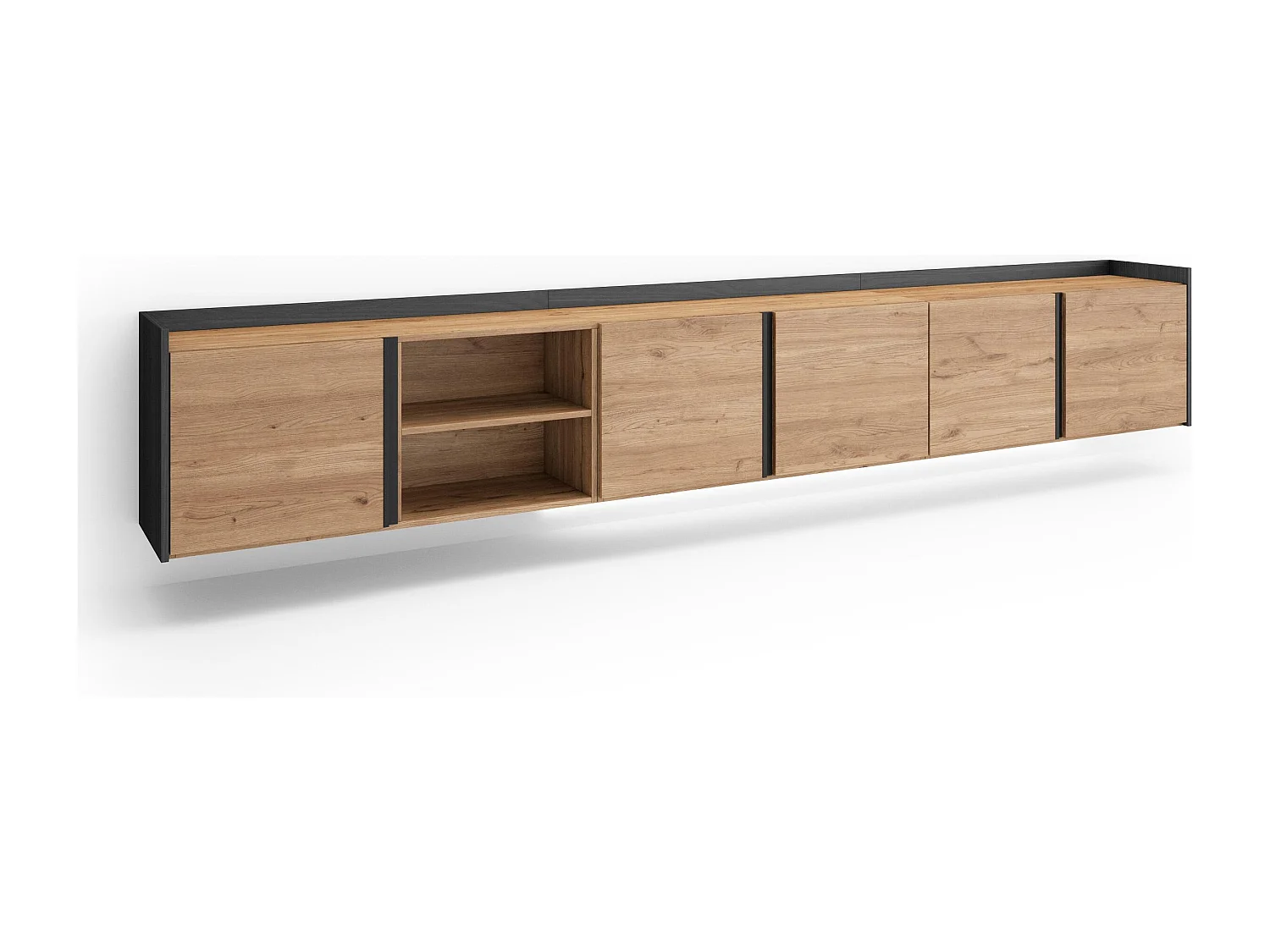 TV-Schrank, Lowboard, 309x50x35 cm, Für TV-Geräte bis zu 80", Hängend, LED, Eiche Schwarz